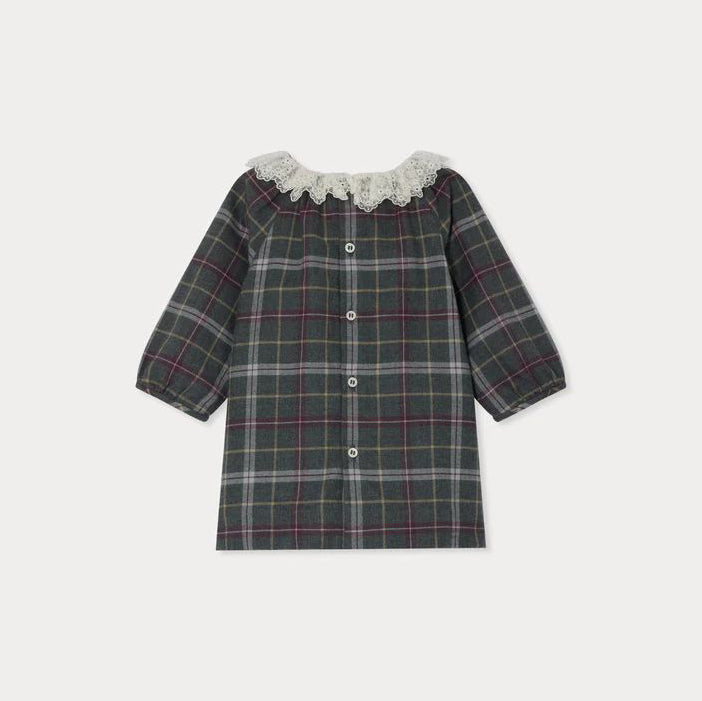 Girls Grey Check Embroidered Ruffled Cotton Dress