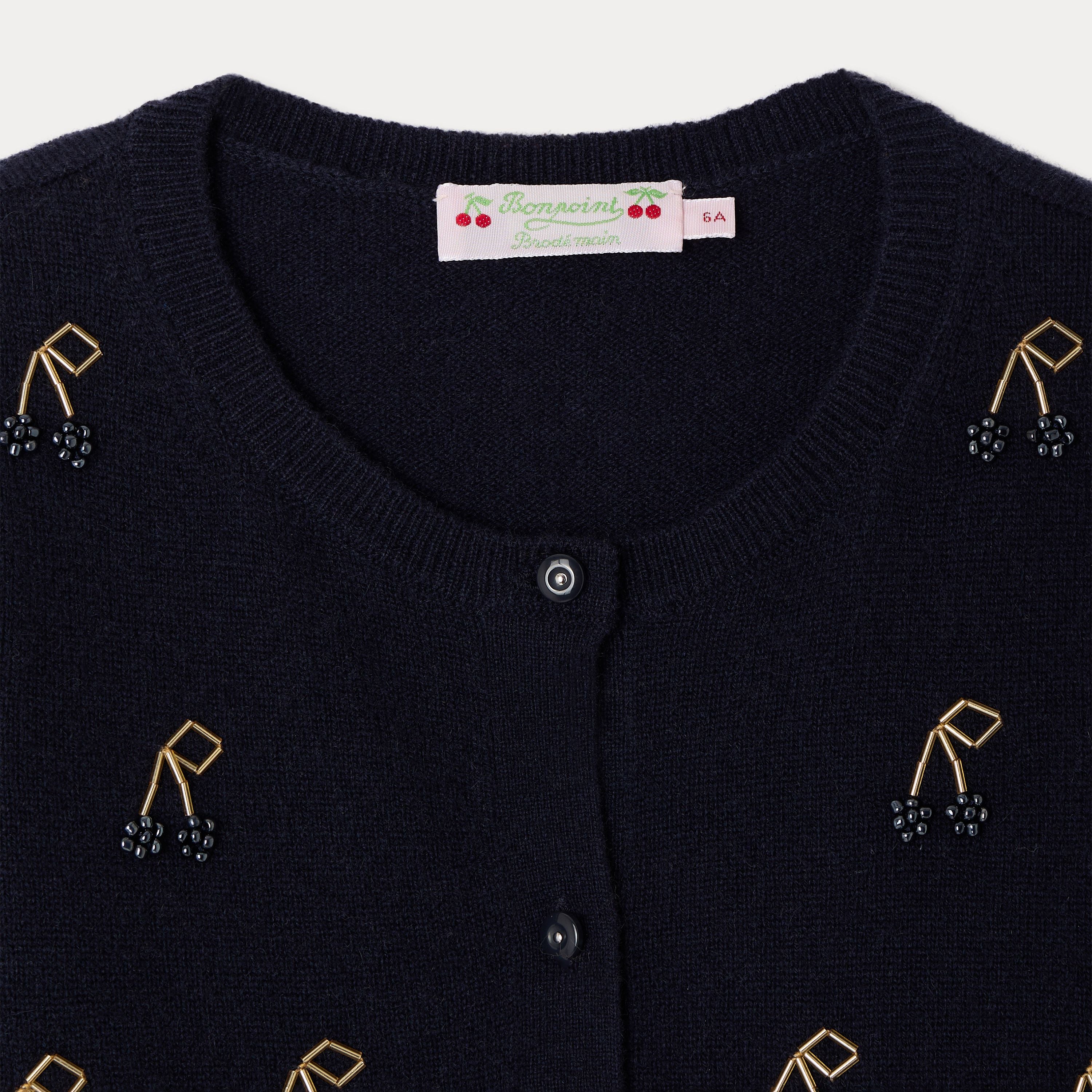 Girls Navy Beads Cherry Cashmere Cardigan