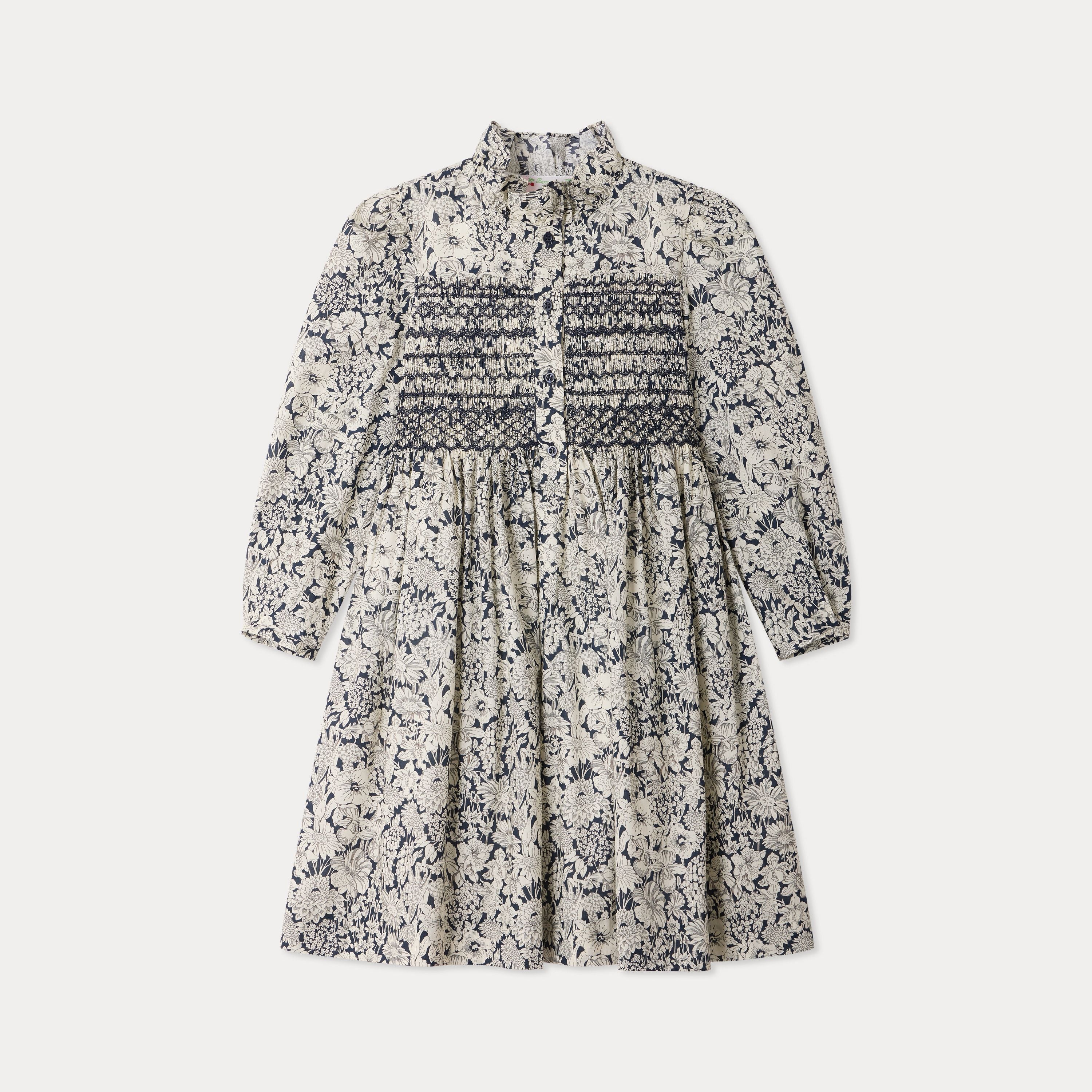Robe fille en coton à fleurs bleu marine