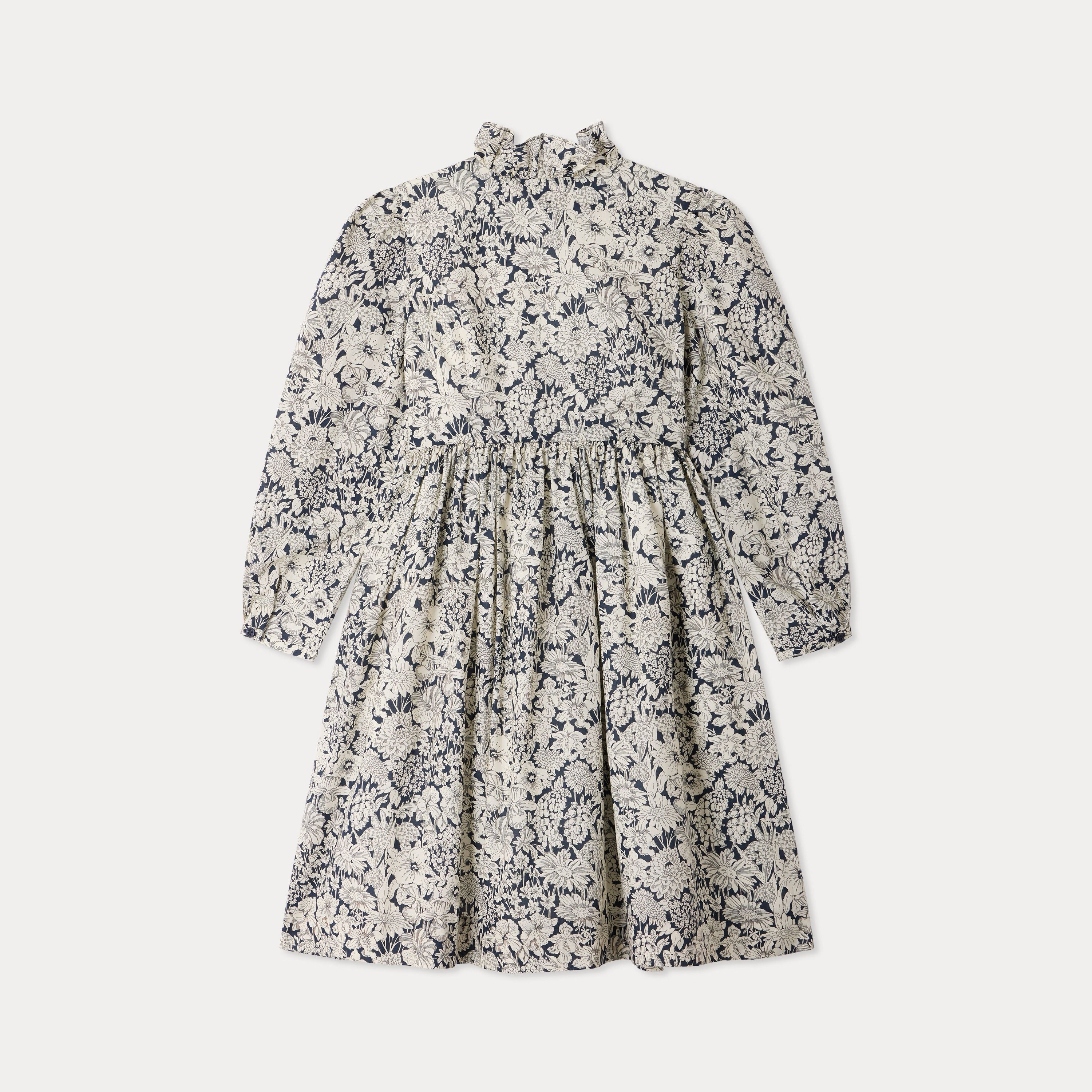 Robe fille en coton à fleurs bleu marine