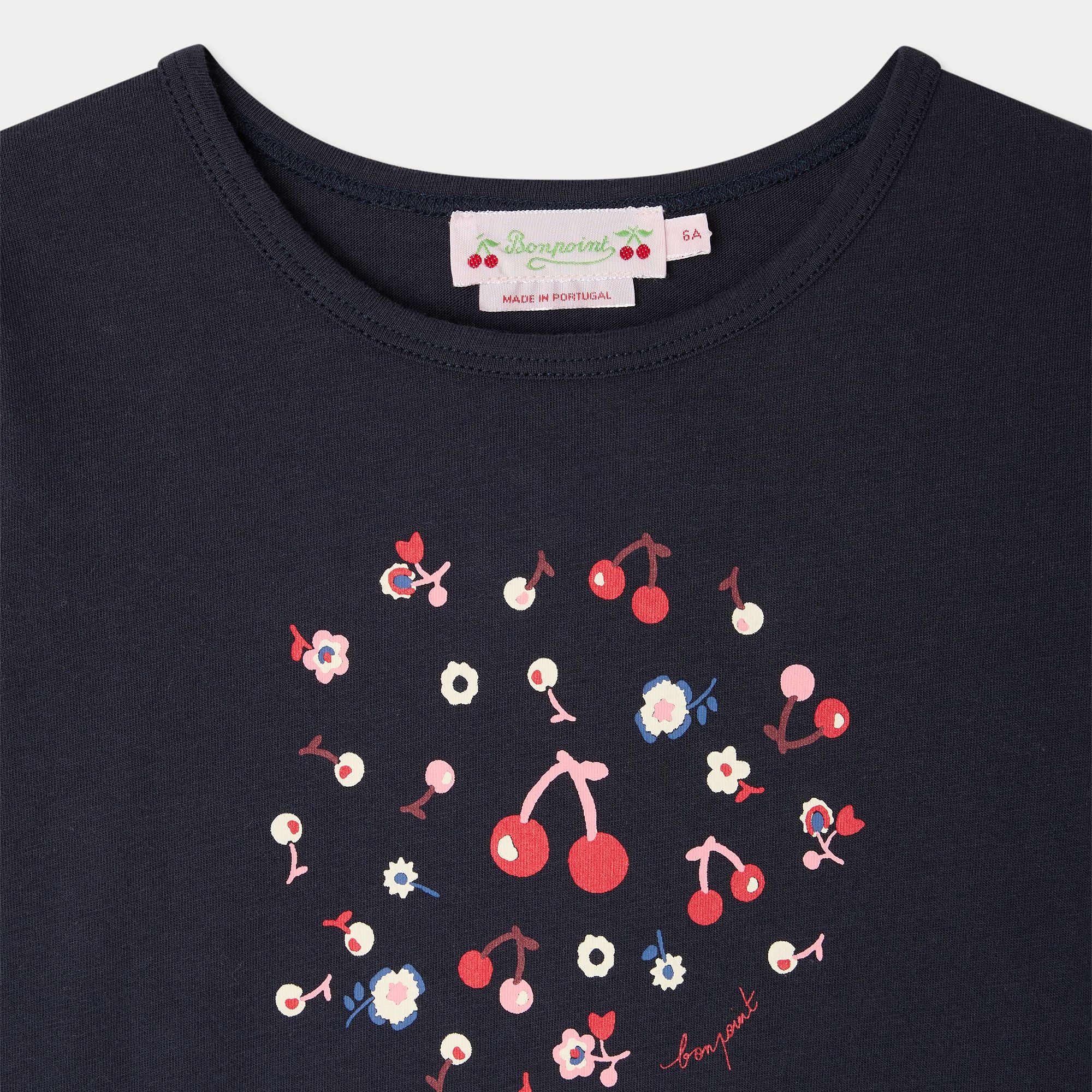 Girls Navy Cherry Printed Cotton T-Shirt