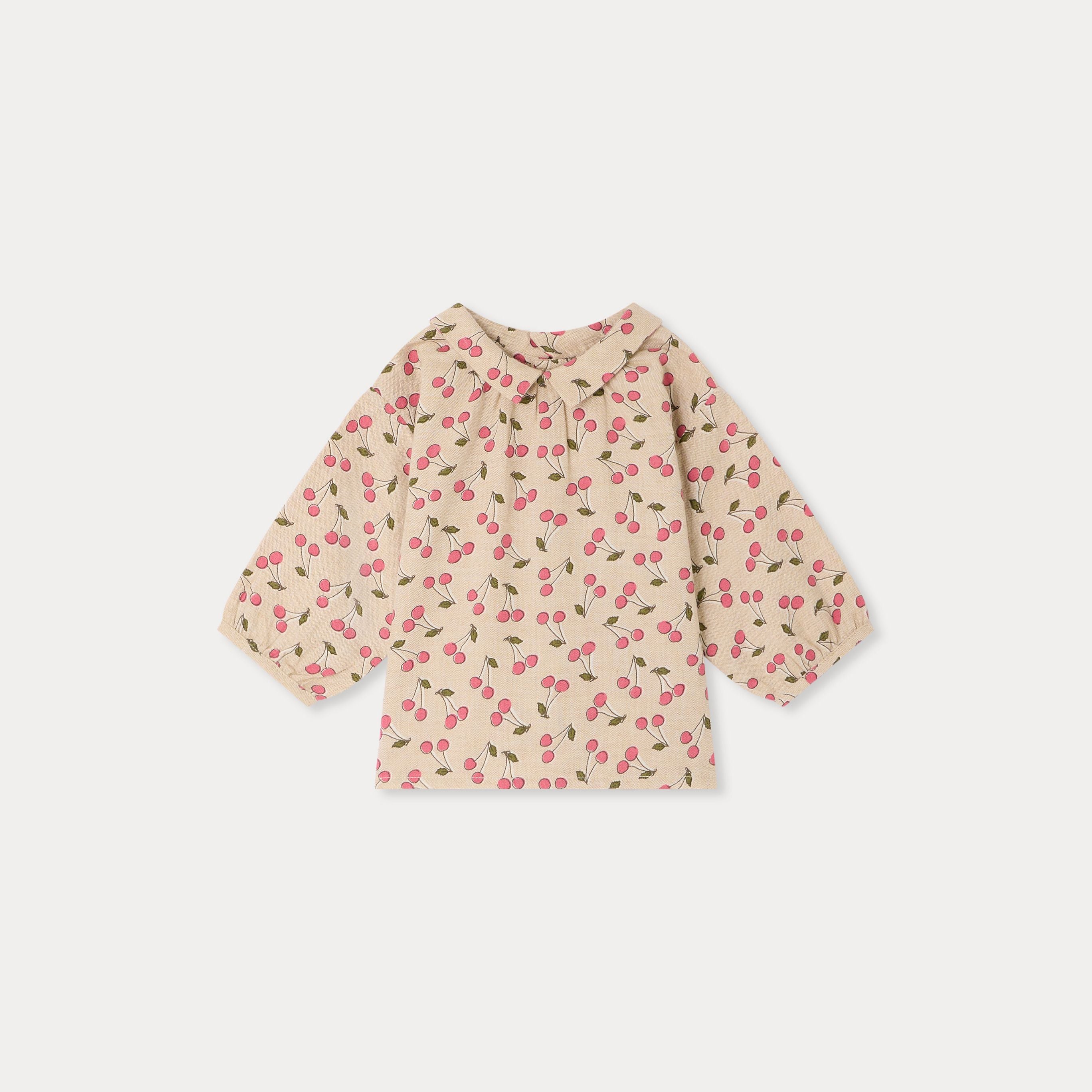Blouse bébé fille en coton imprimé cerises beige