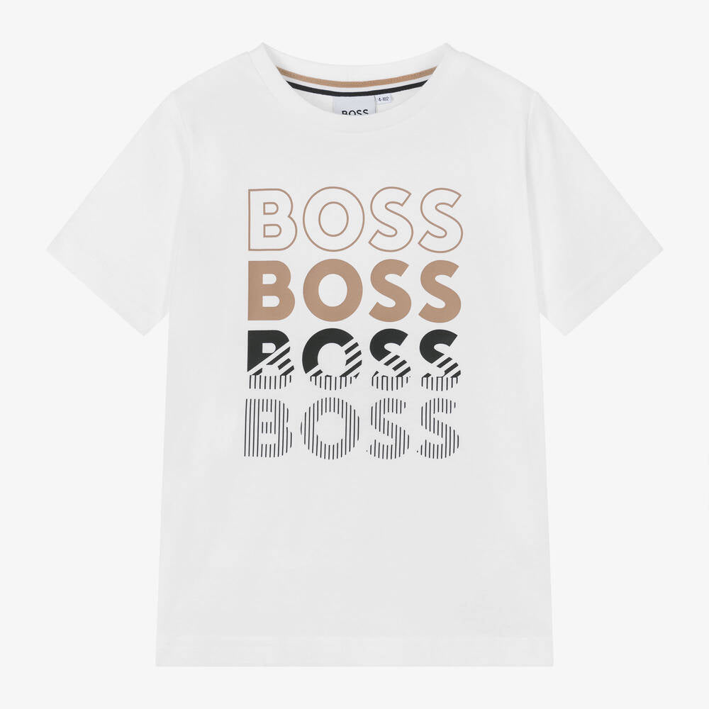 Boys White Logo Cotton T-Shirt