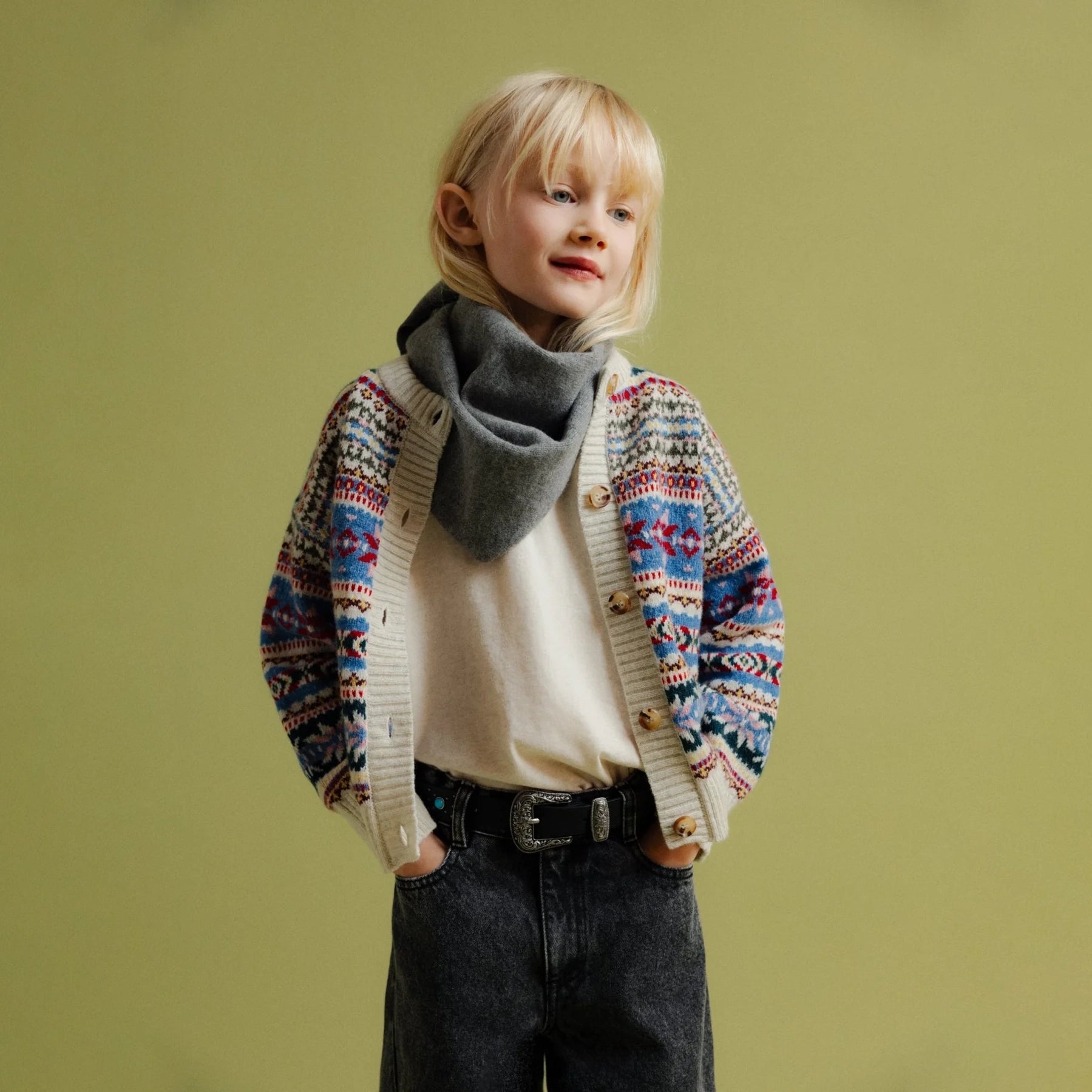 Girls Multicolor Jacquard Wool Cardigan