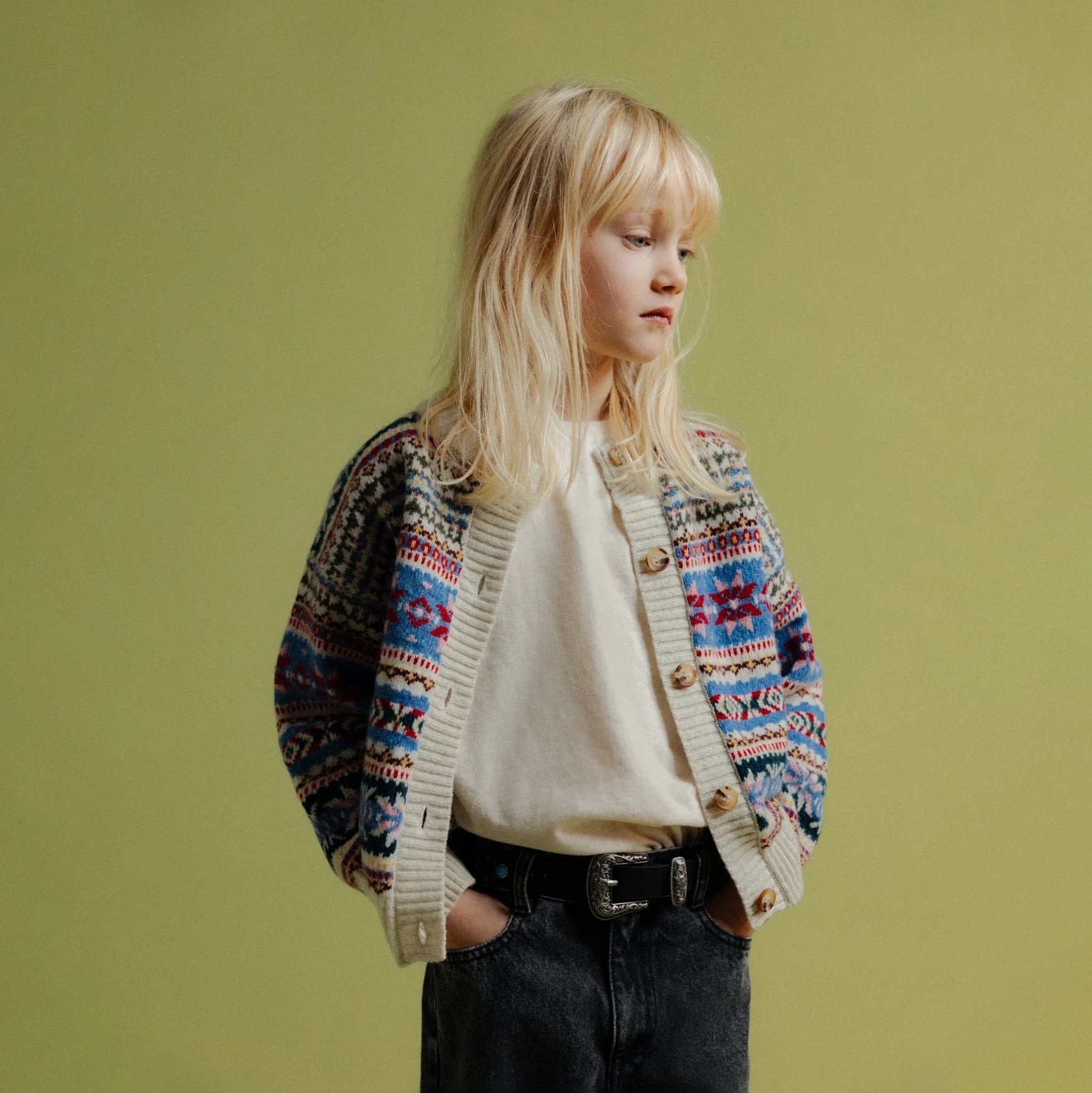 Girls Multicolor Jacquard Wool Cardigan