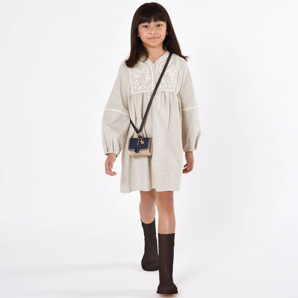 Girls Beige Embroidered Cotton Dress