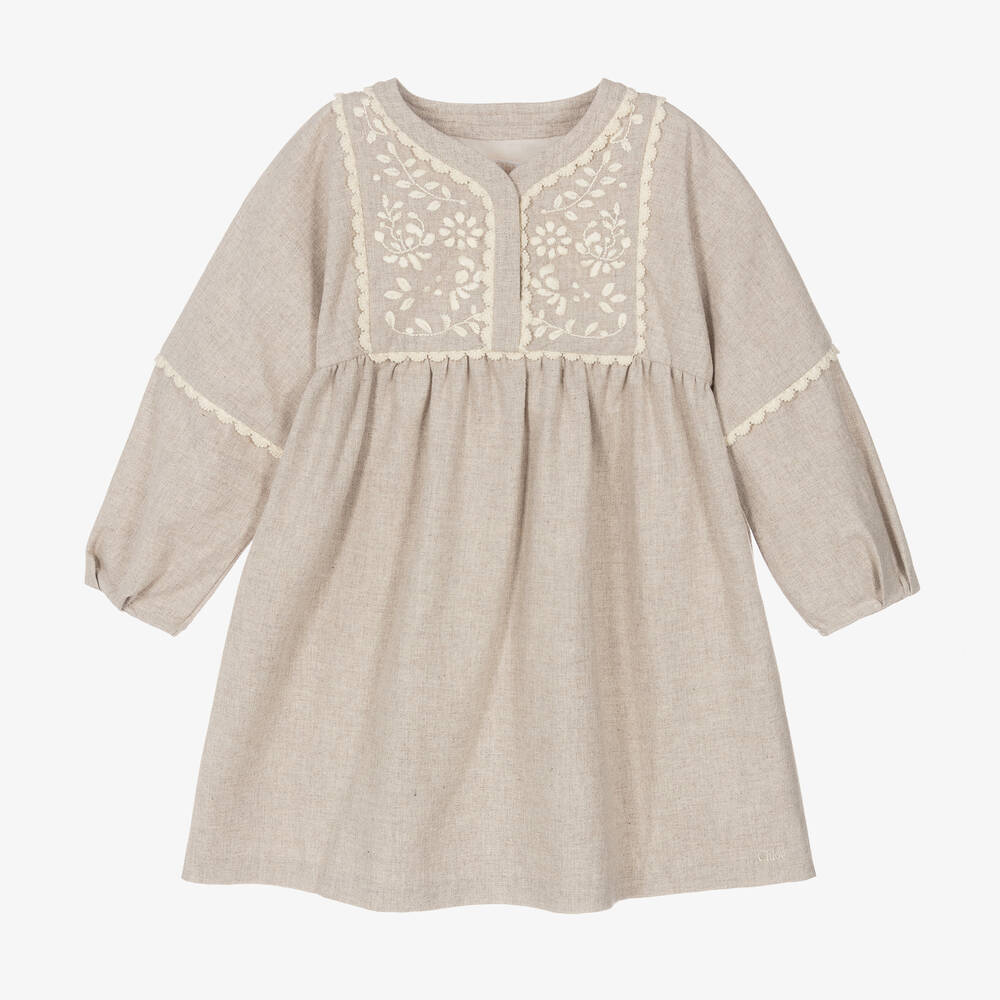 Girls Beige Embroidered Cotton Dress