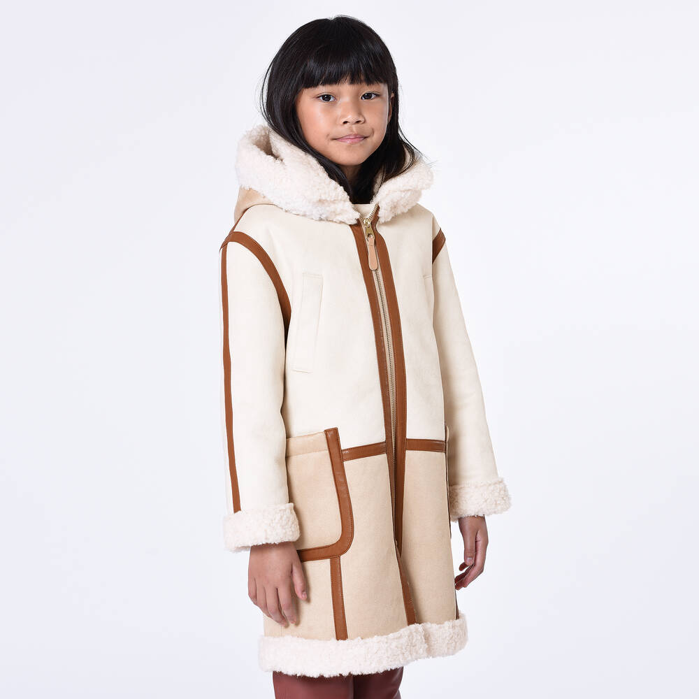 Girls Beige Hooded Coat