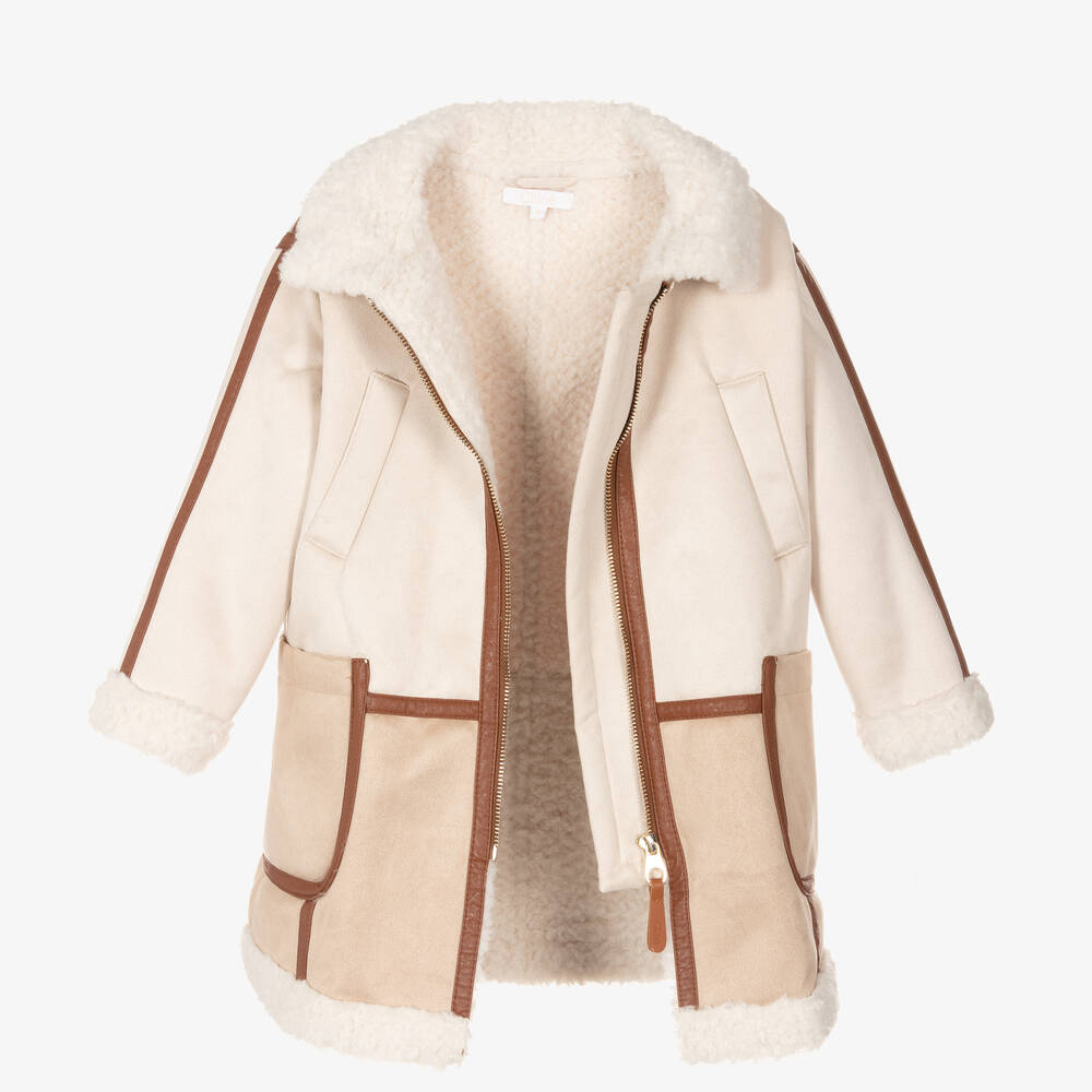Girls Beige Hooded Coat