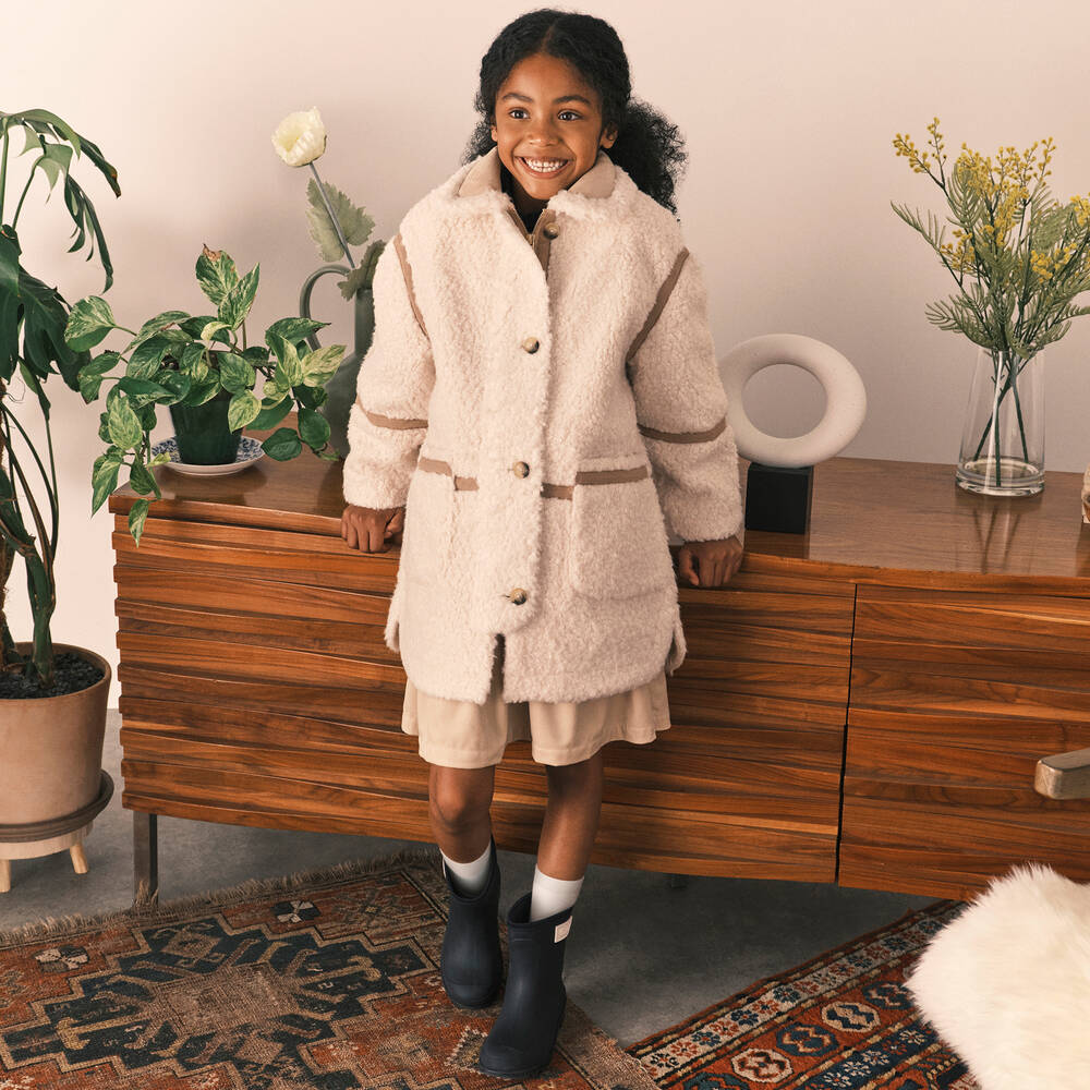 Girls Ivory Sherpa Fleece Coat