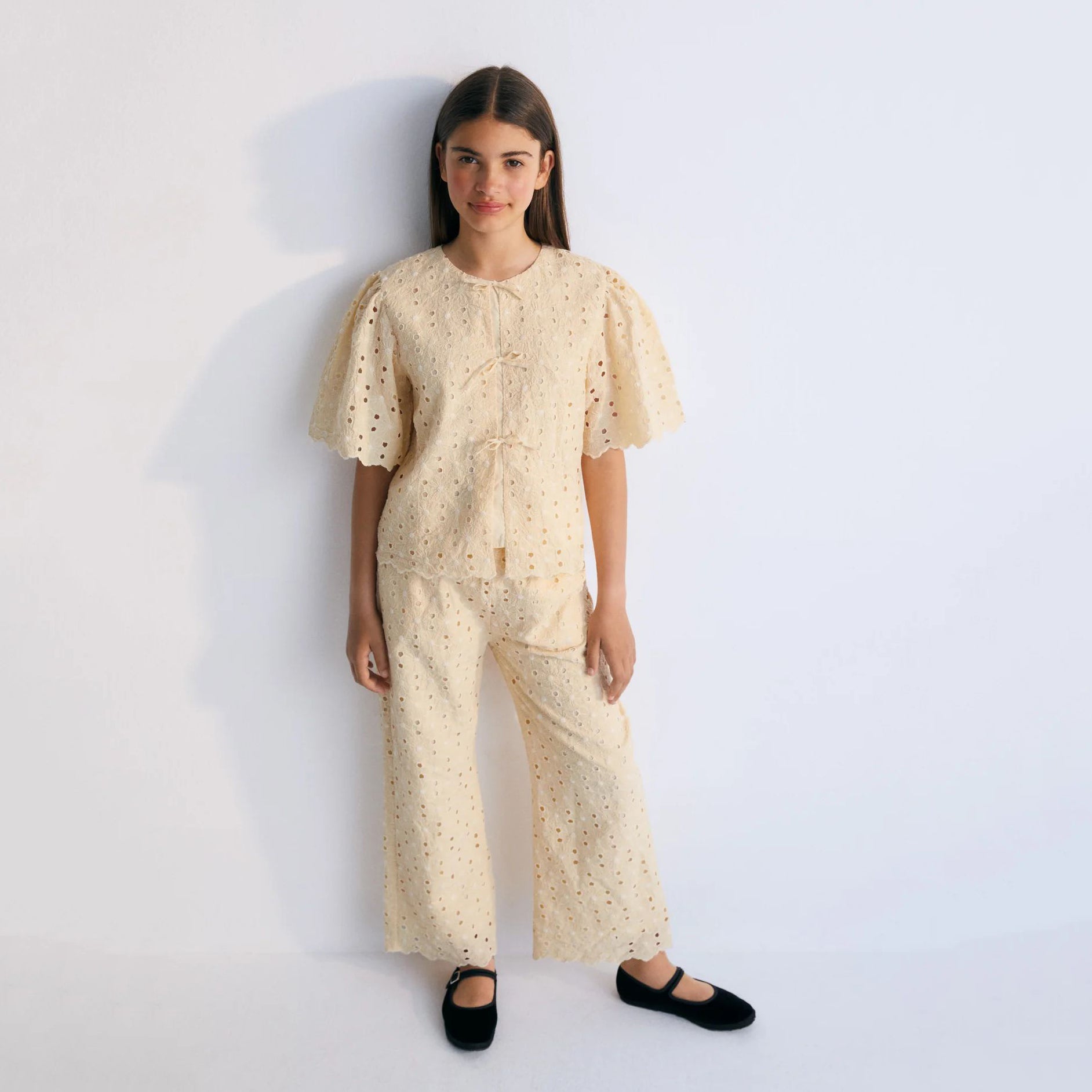 Girls Light Yellow Embroidered Cotton Trousers