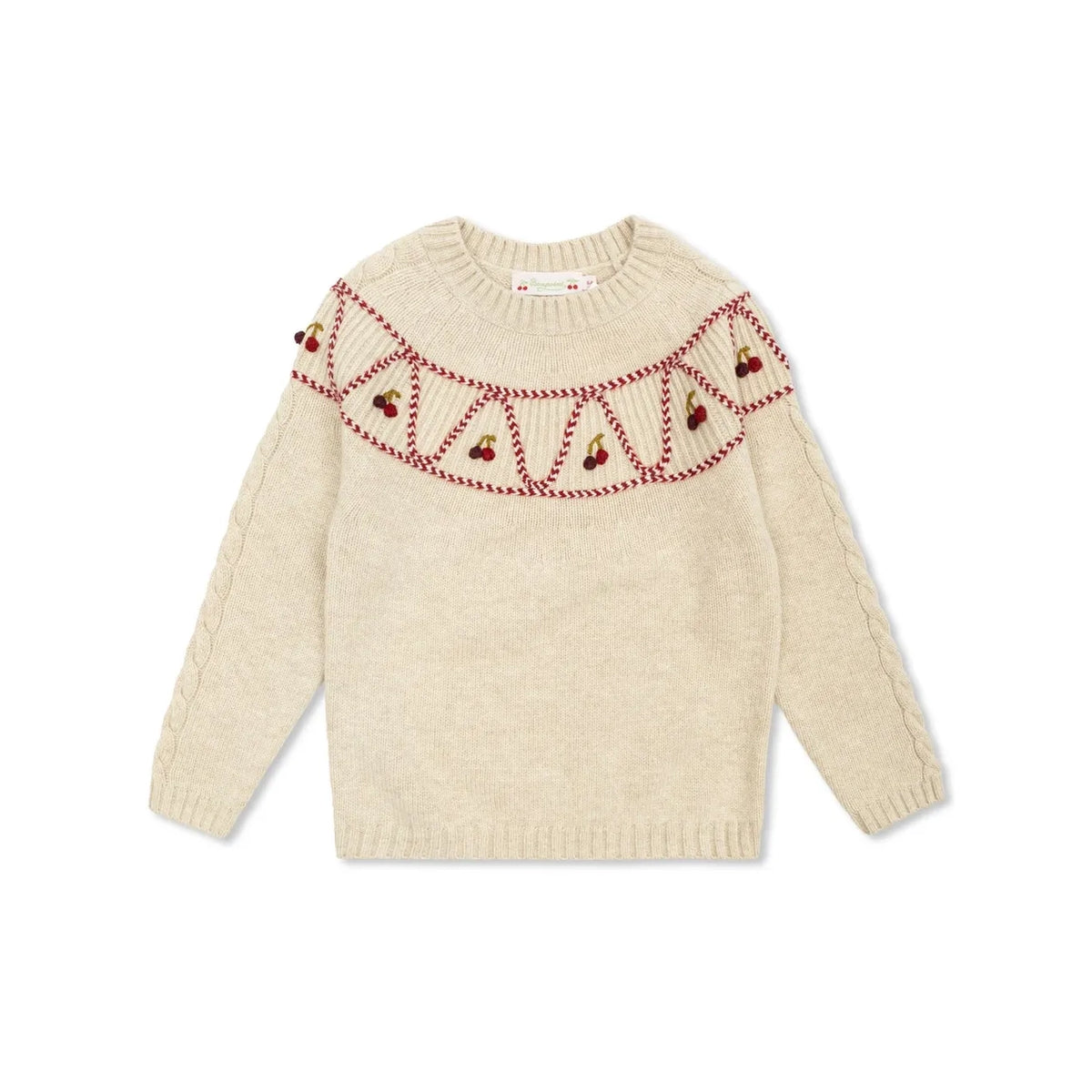 Girls Beige Cherry Embroidered Wool Sweater
