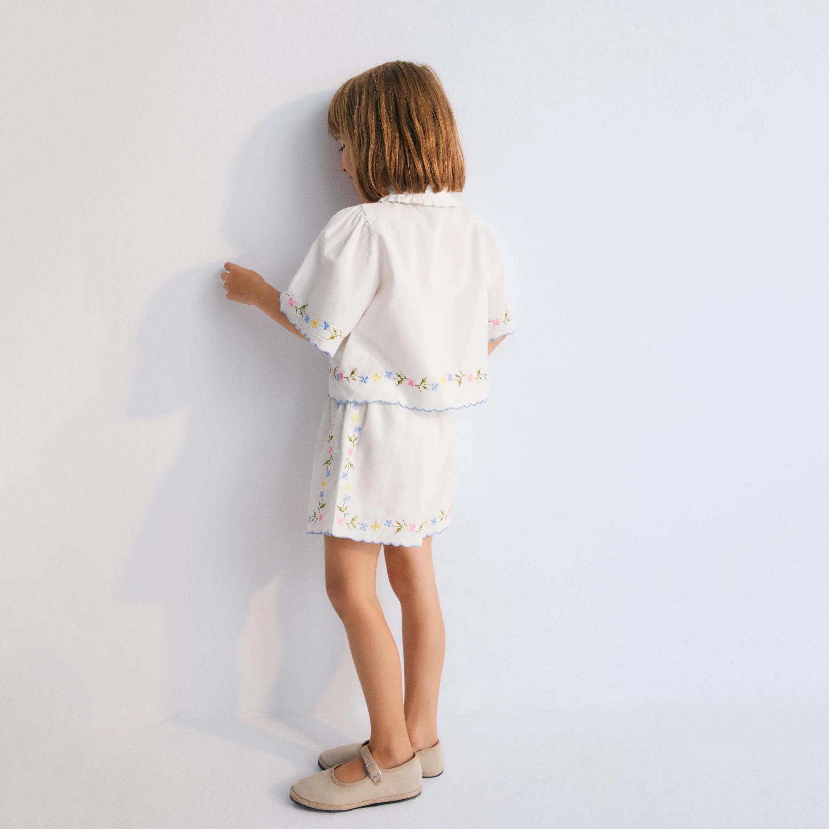 Girls White Embroidered Cotton Shorts