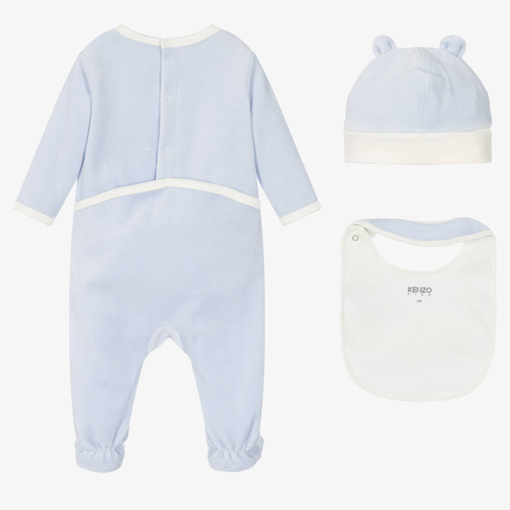 Baby Boys & Girls Blue Velvet Embroidered Babysuit Set