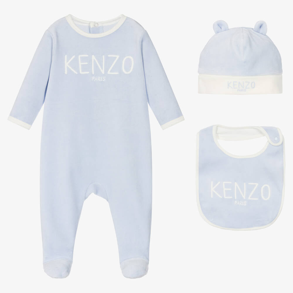 Baby Boys & Girls Blue Velvet Embroidered Babysuit Set