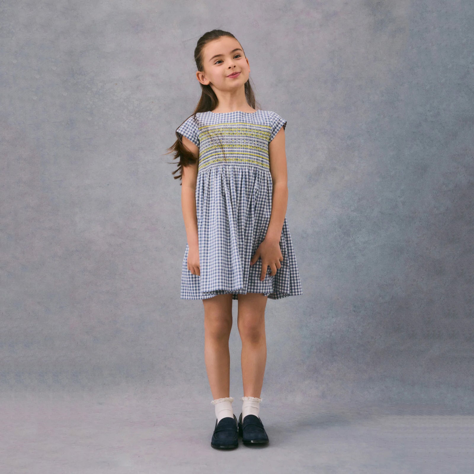 Girls Grey Blue Check Cotton Dress