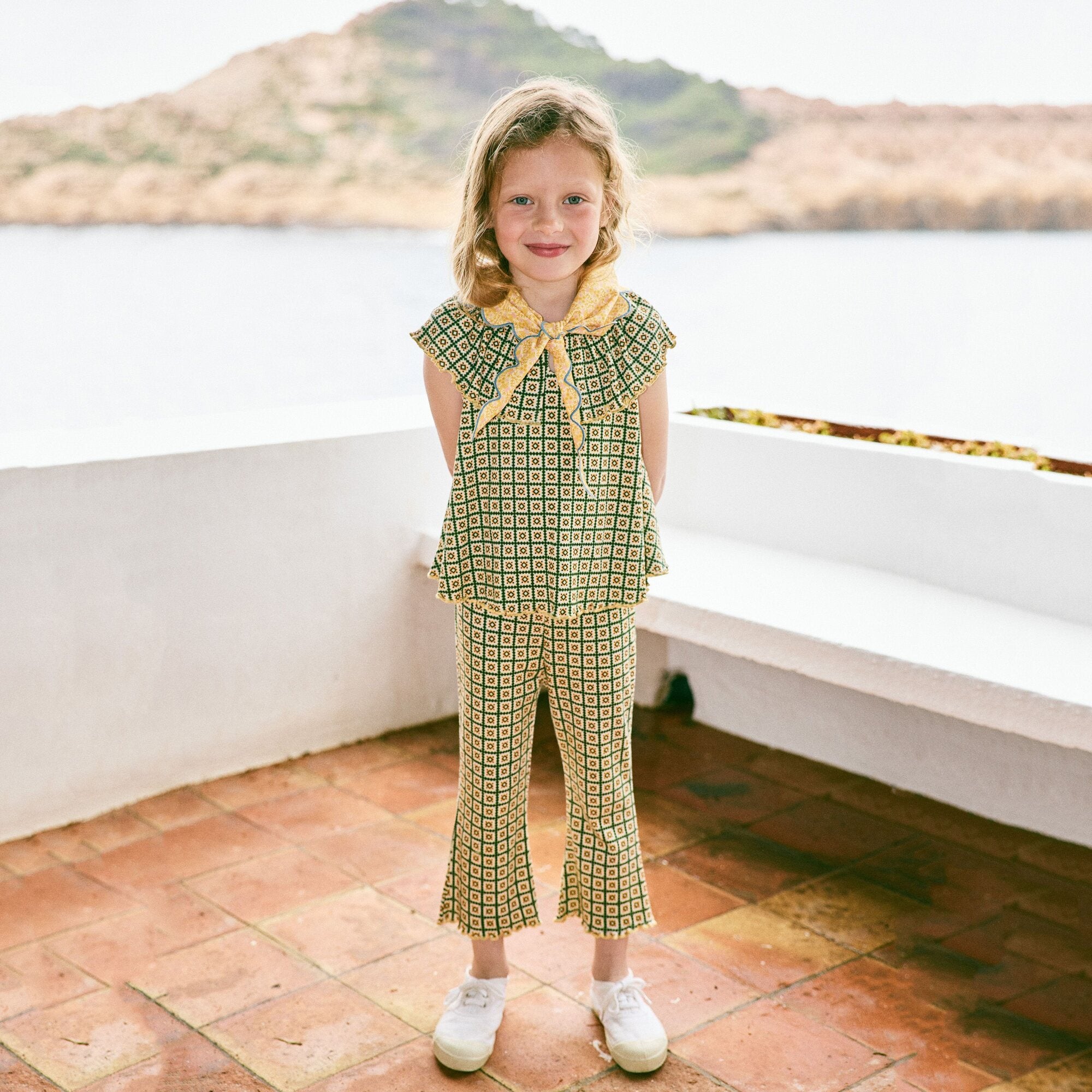 Girls Green Check Ruffled Cotton Top
