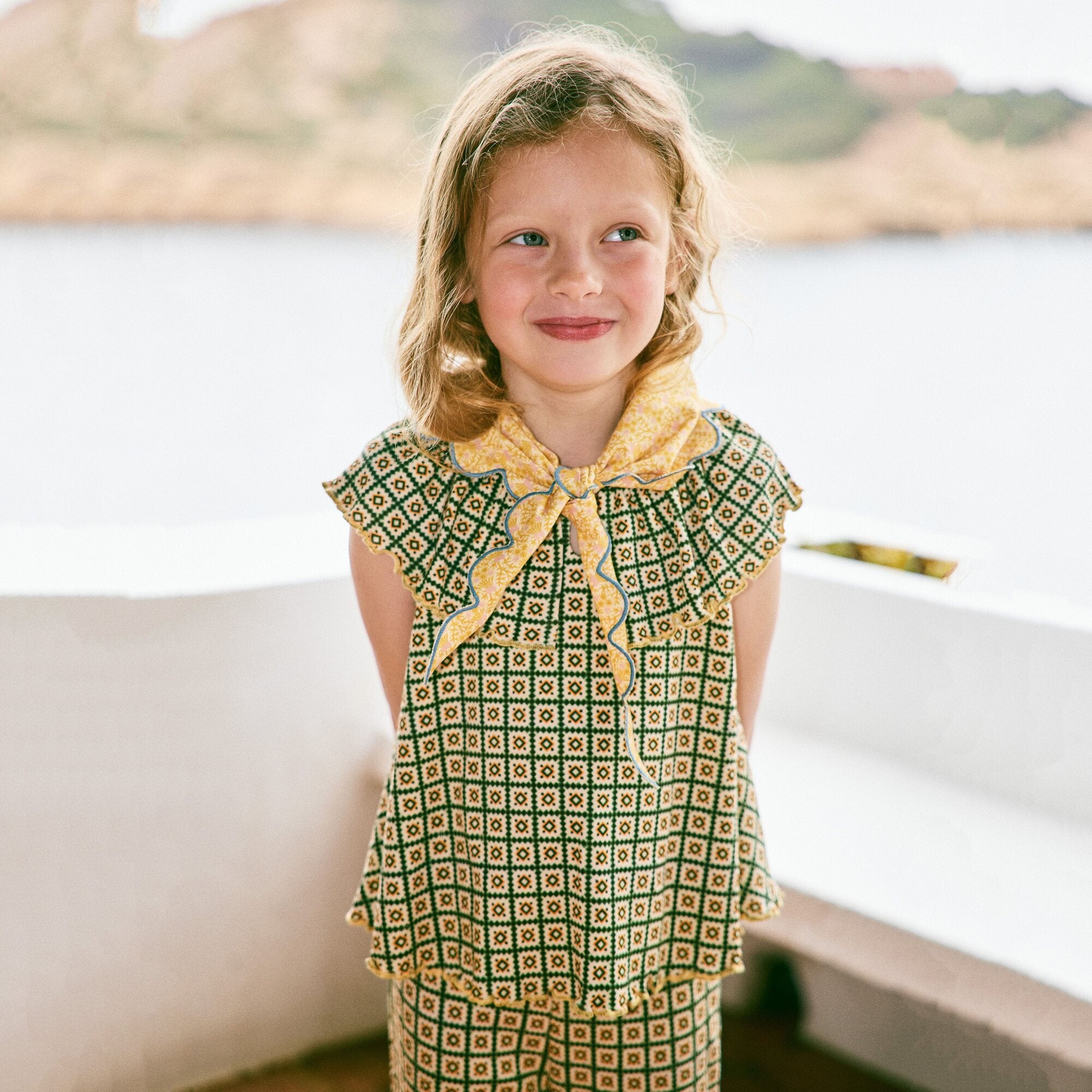 Girls Green Check Ruffled Cotton Top