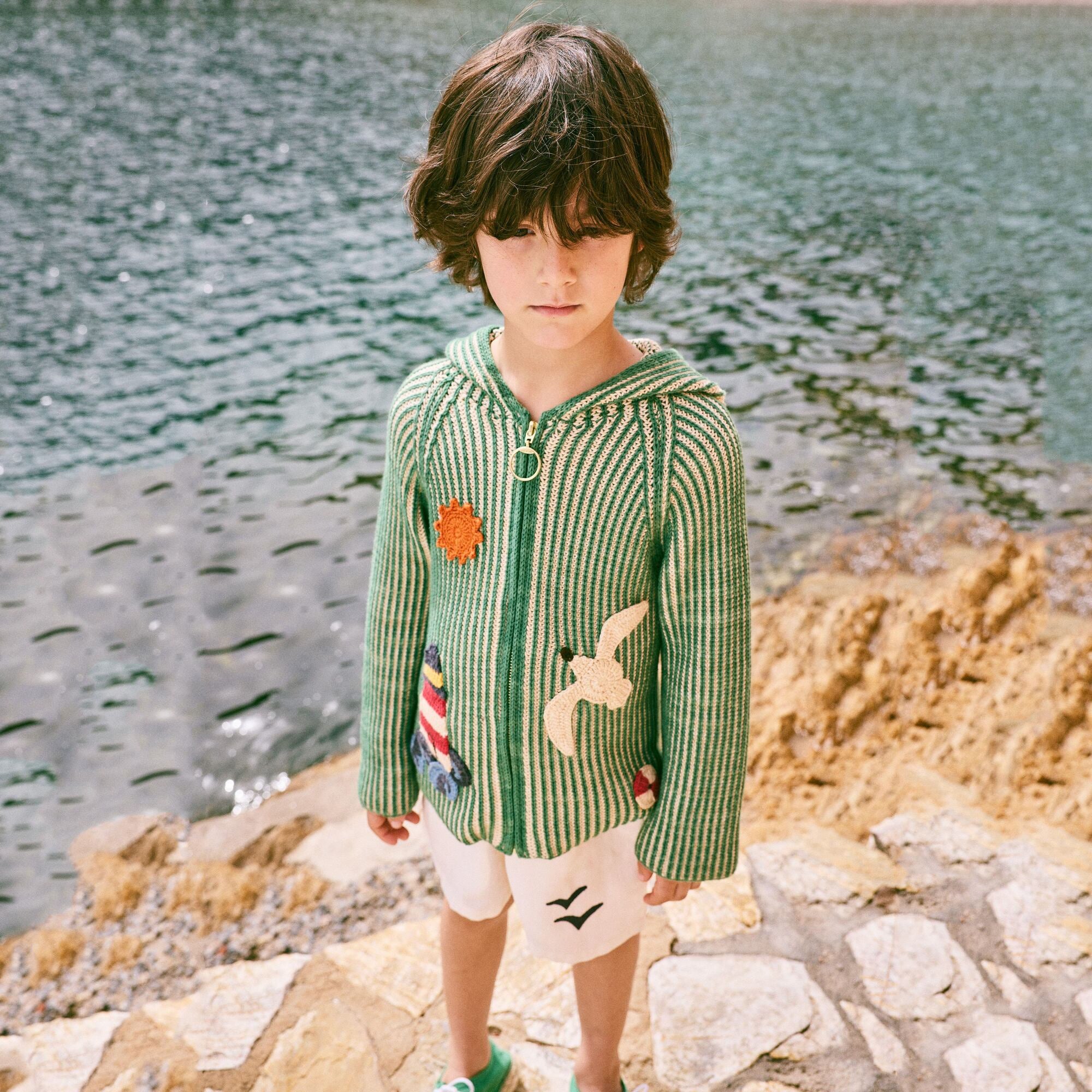 Boys & Girls Green Embroidered Knit Jacket