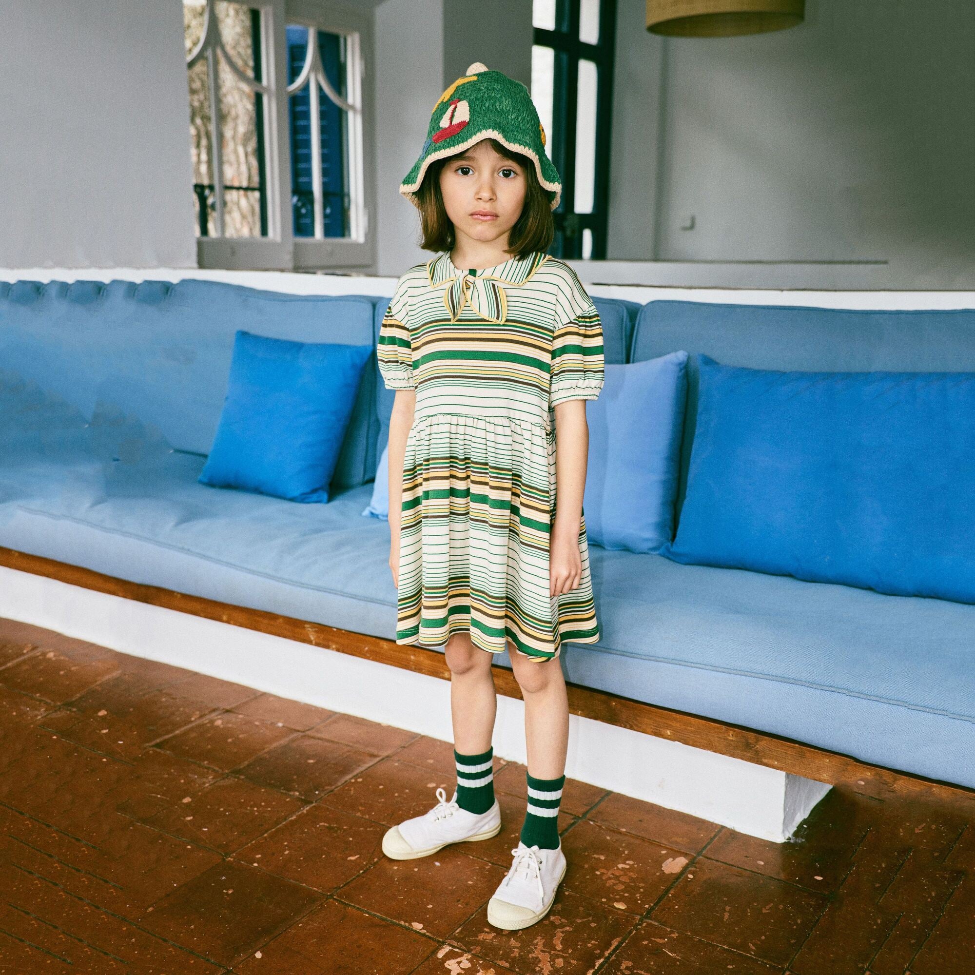 Girls Green Stripes Cotton Dress