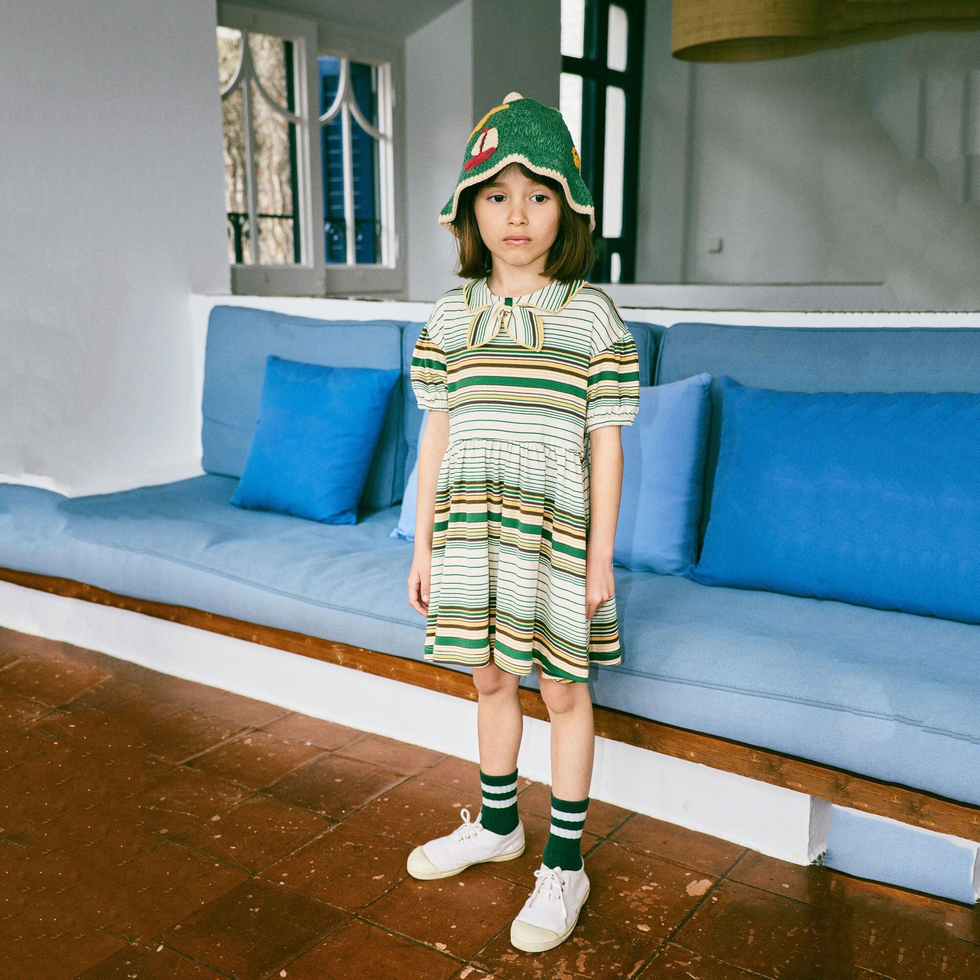 Girls Green Stripes Cotton Dress