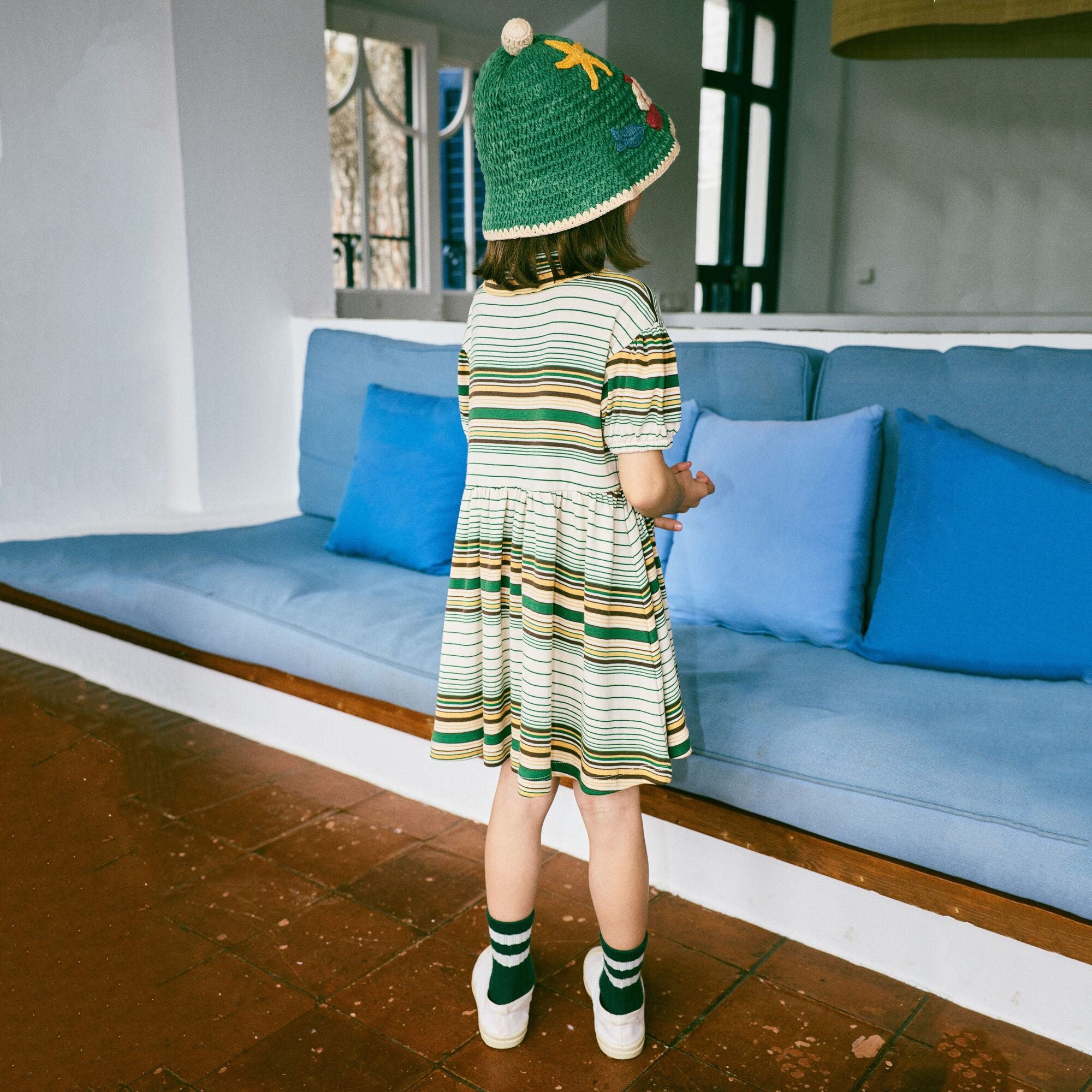 Girls Green Stripes Cotton Dress