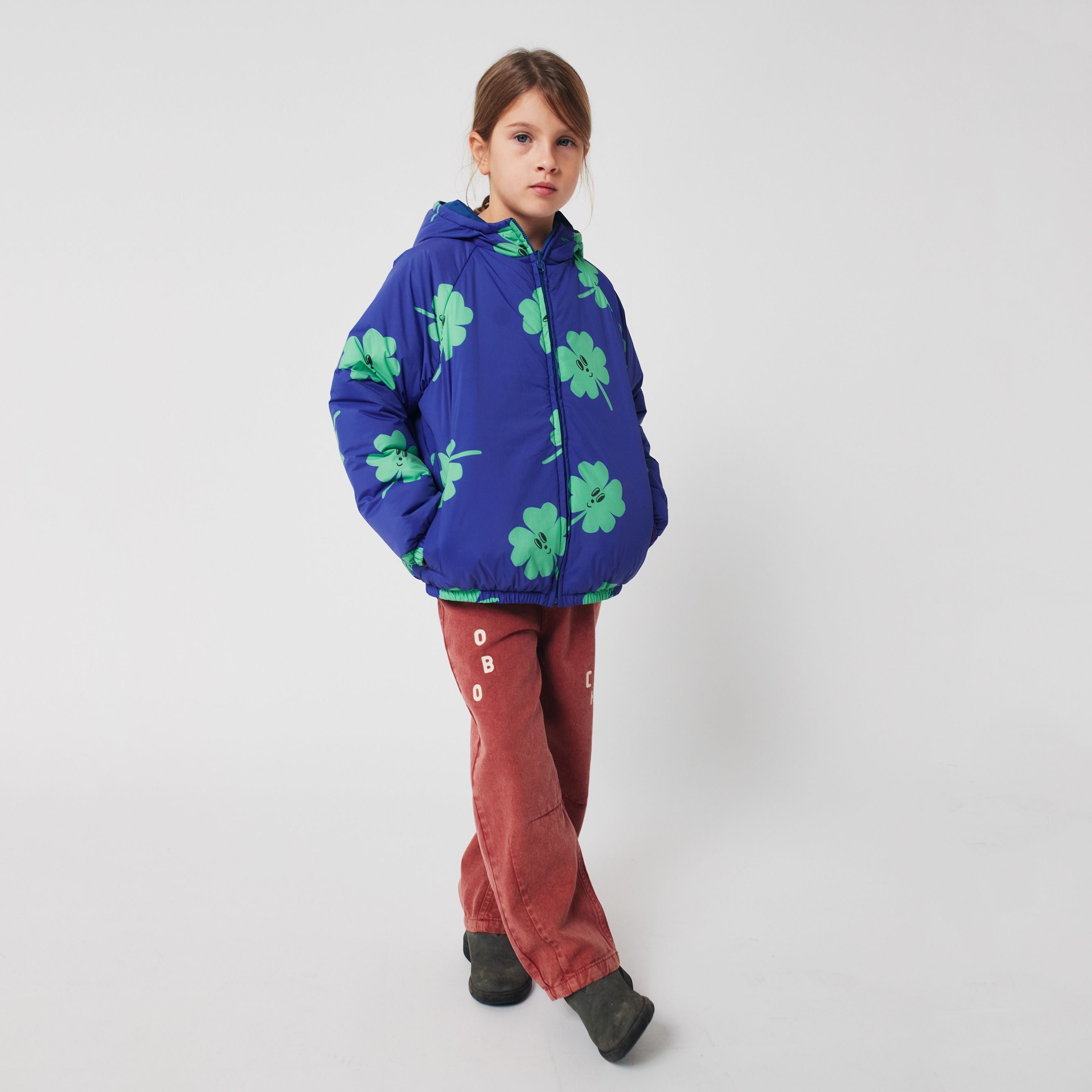 Girls Purple Lucky Printed Reversible Padded Jacket