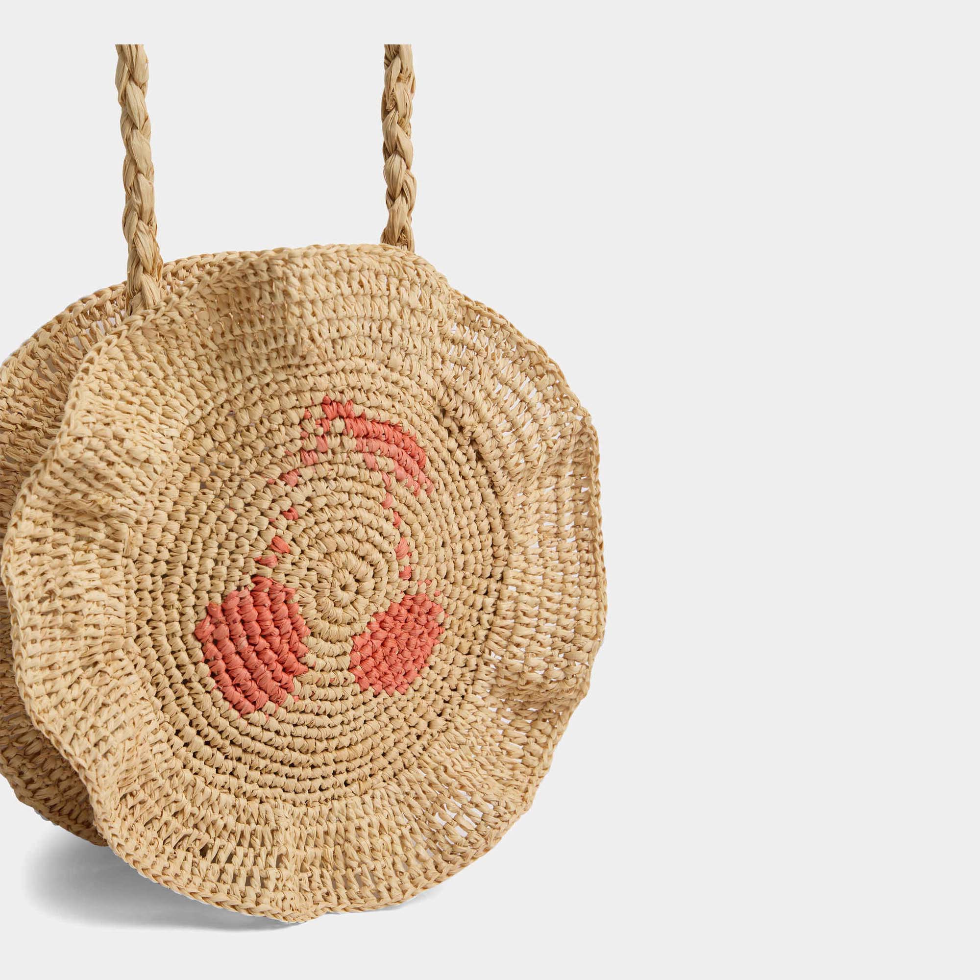 Girls Beige Logo Raphia Shoulder Bag