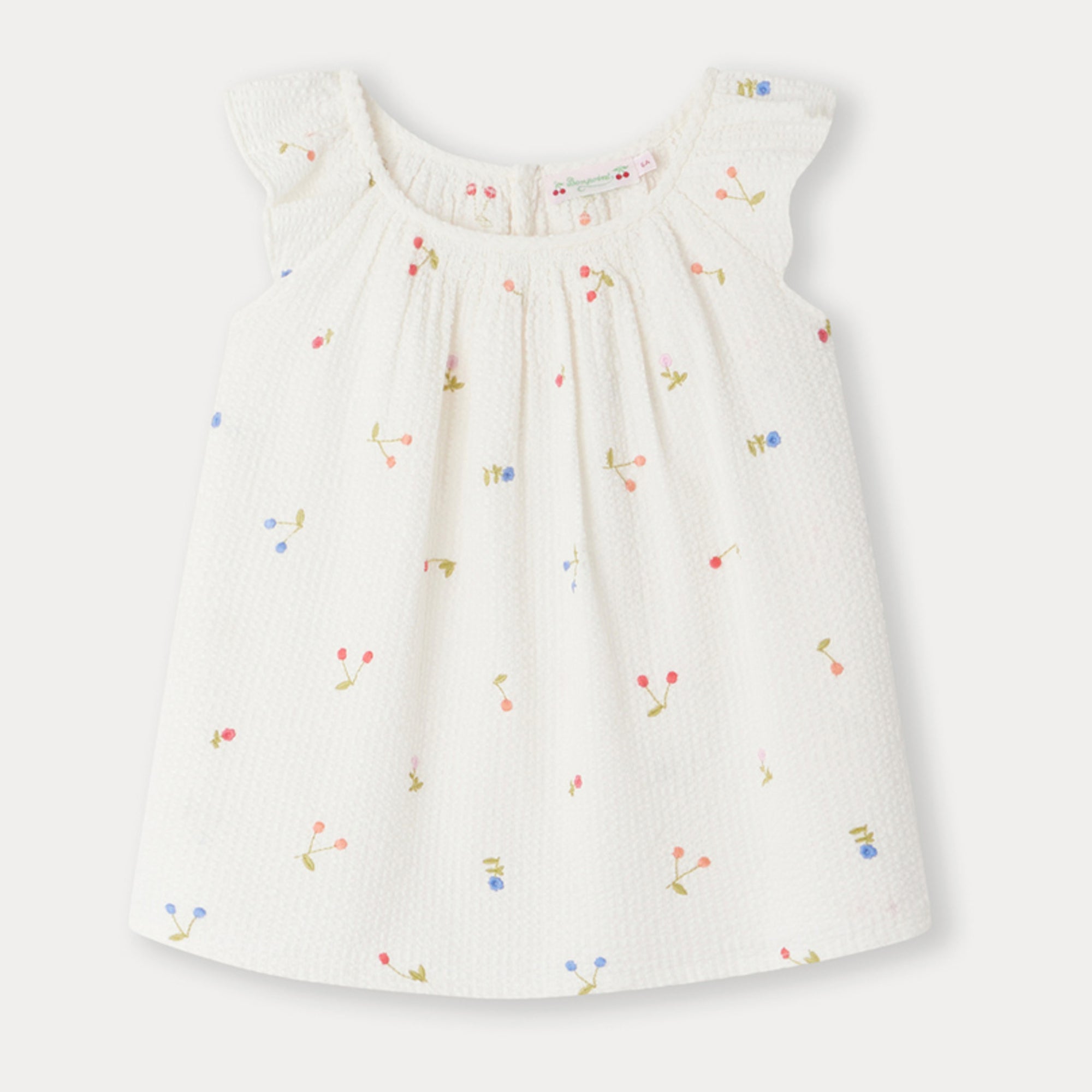 Girls White Cherry Embroidered Cotton Top