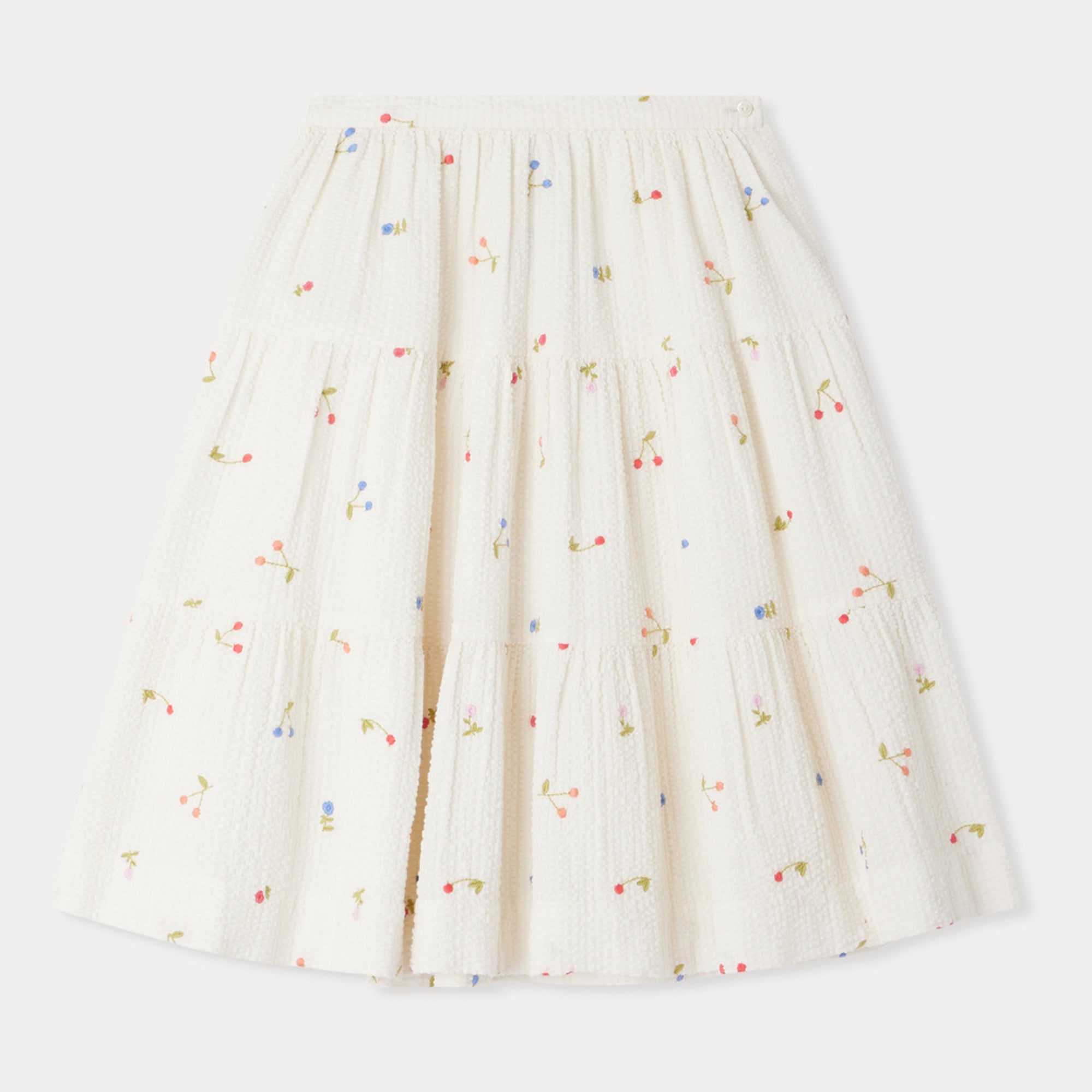 Girls White Cherry Embroidered Cotton Skirt