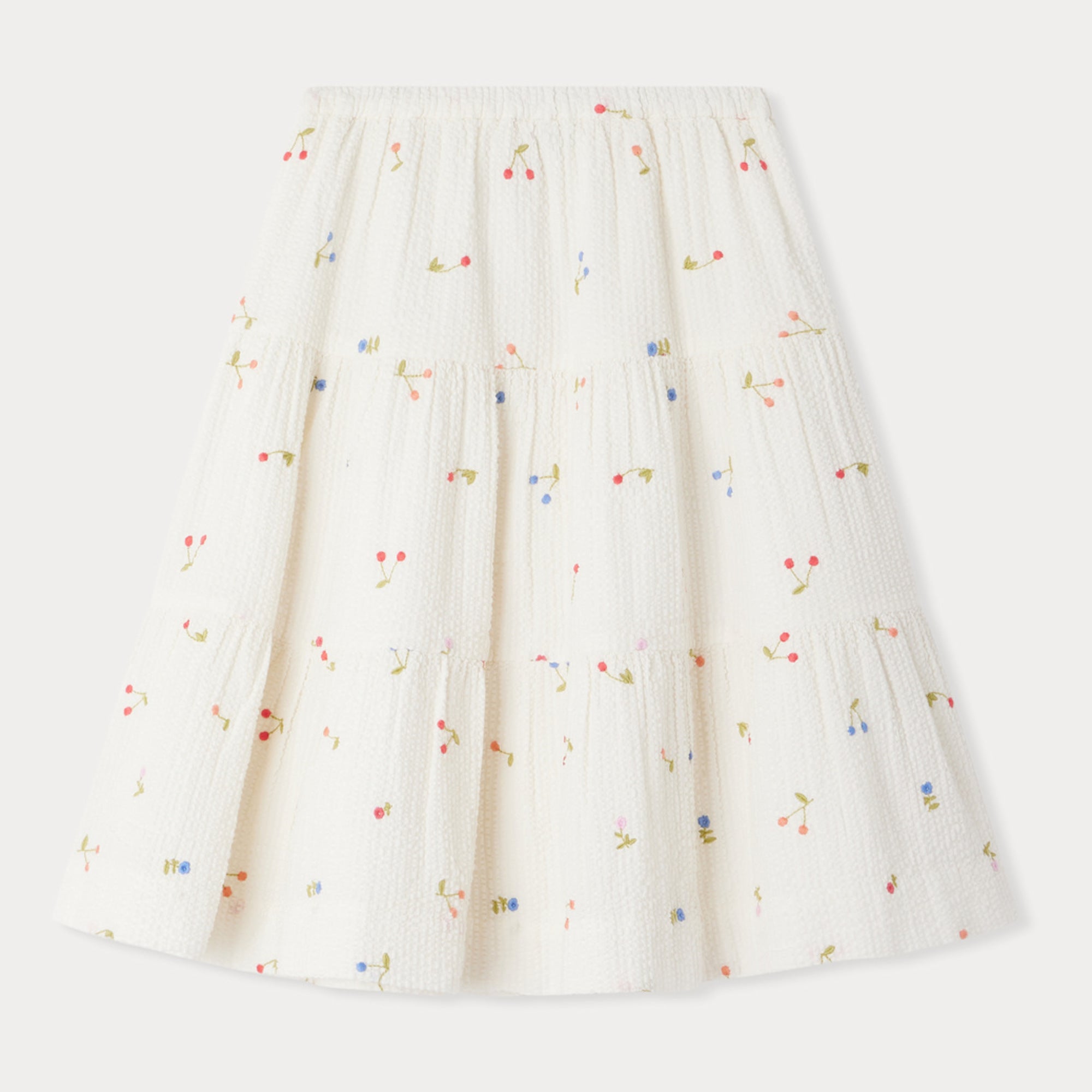 Girls White Cherry Embroidered Cotton Skirt