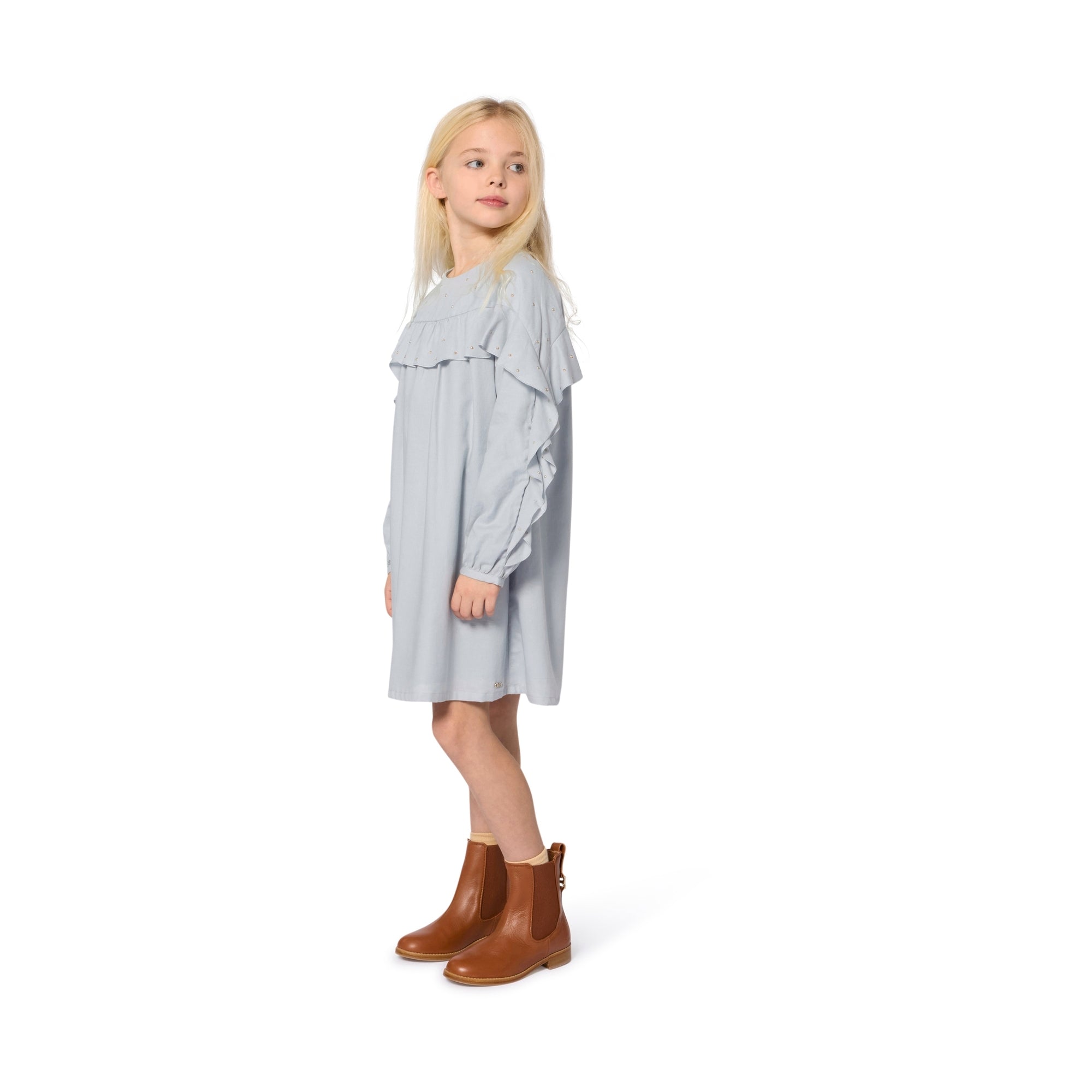 Girls Light Blue Ruffled Cotton Dress