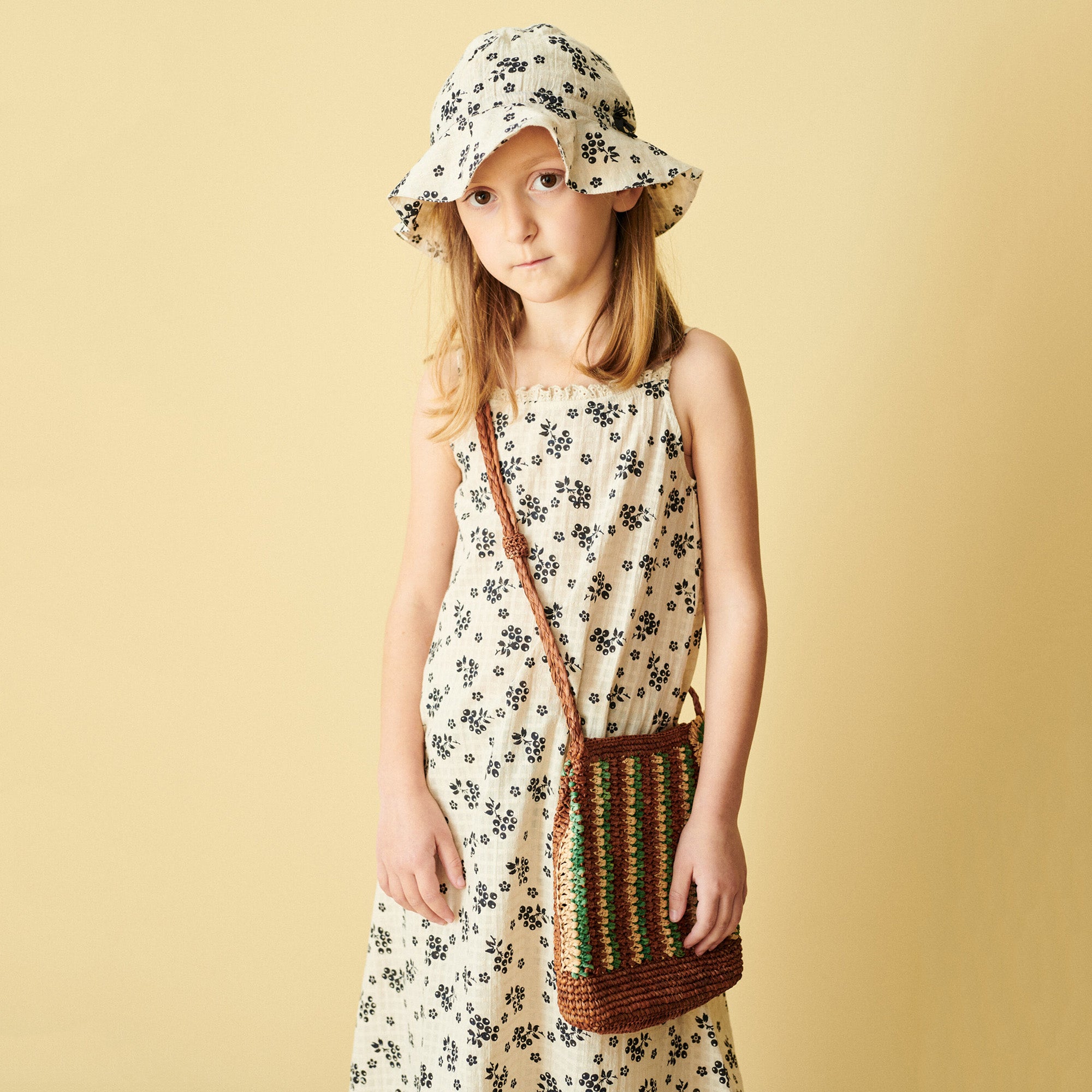 Girls Beige Printed Cotton Strap Dress