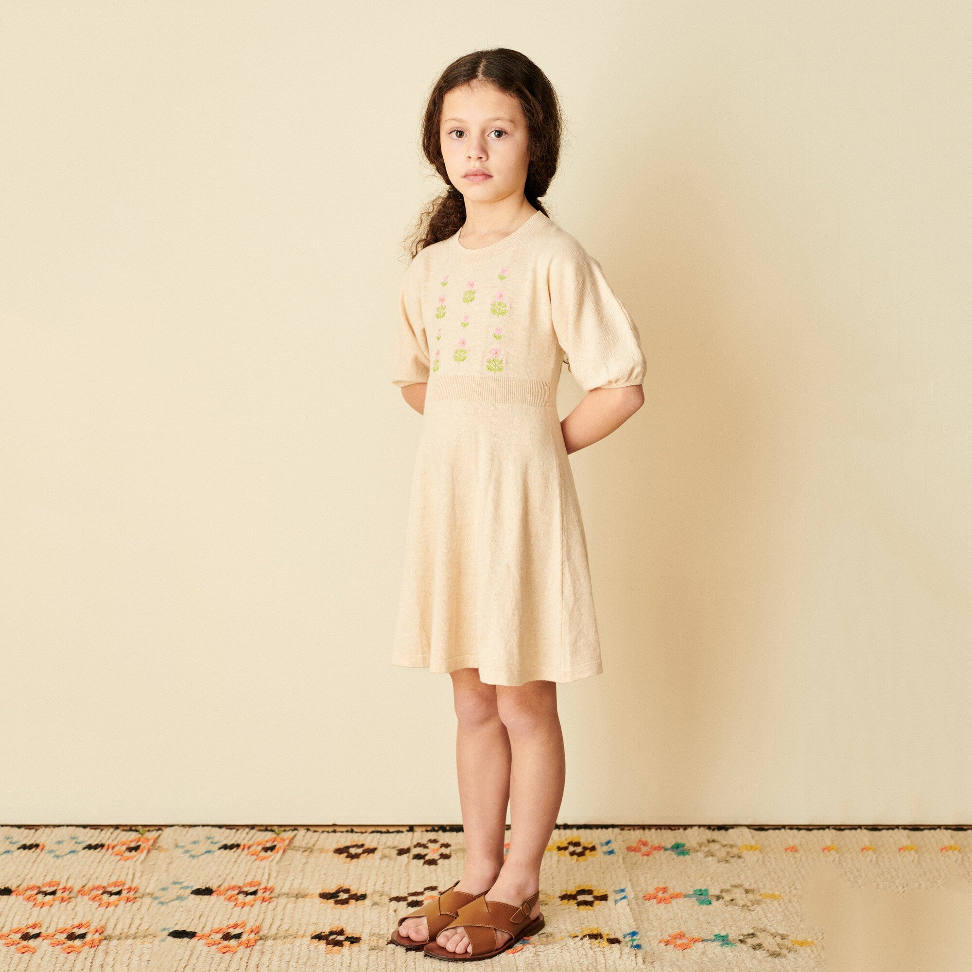Girls Beige Embroidered Knit Dress Girls Beige Embroidered Knit Dress