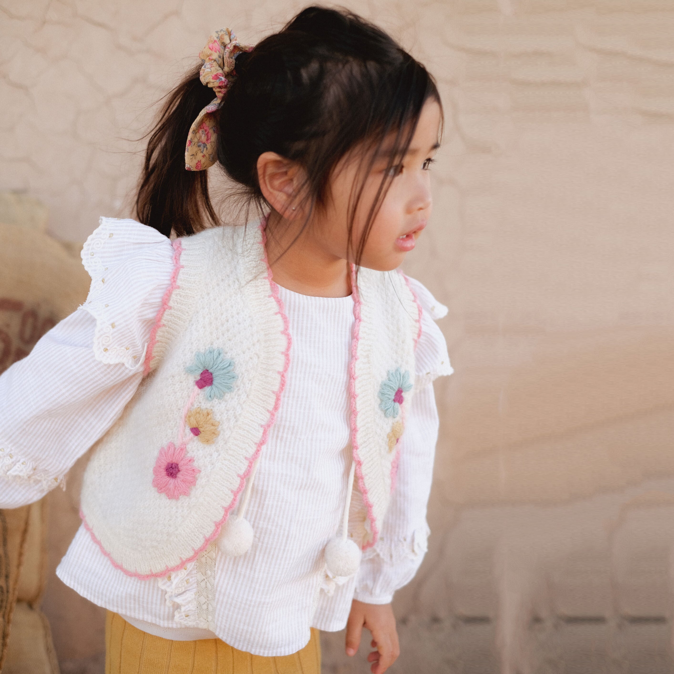 Girls White Embroidered Gilet