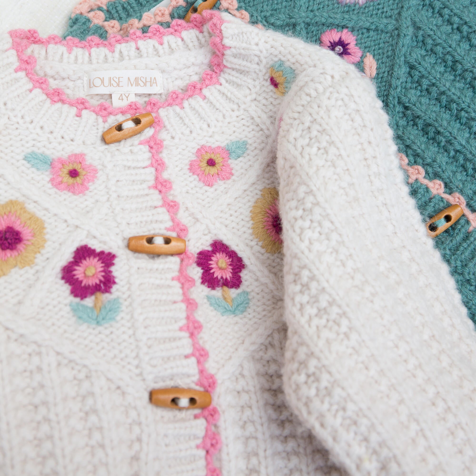 Girls White Flower Wool Cardigan