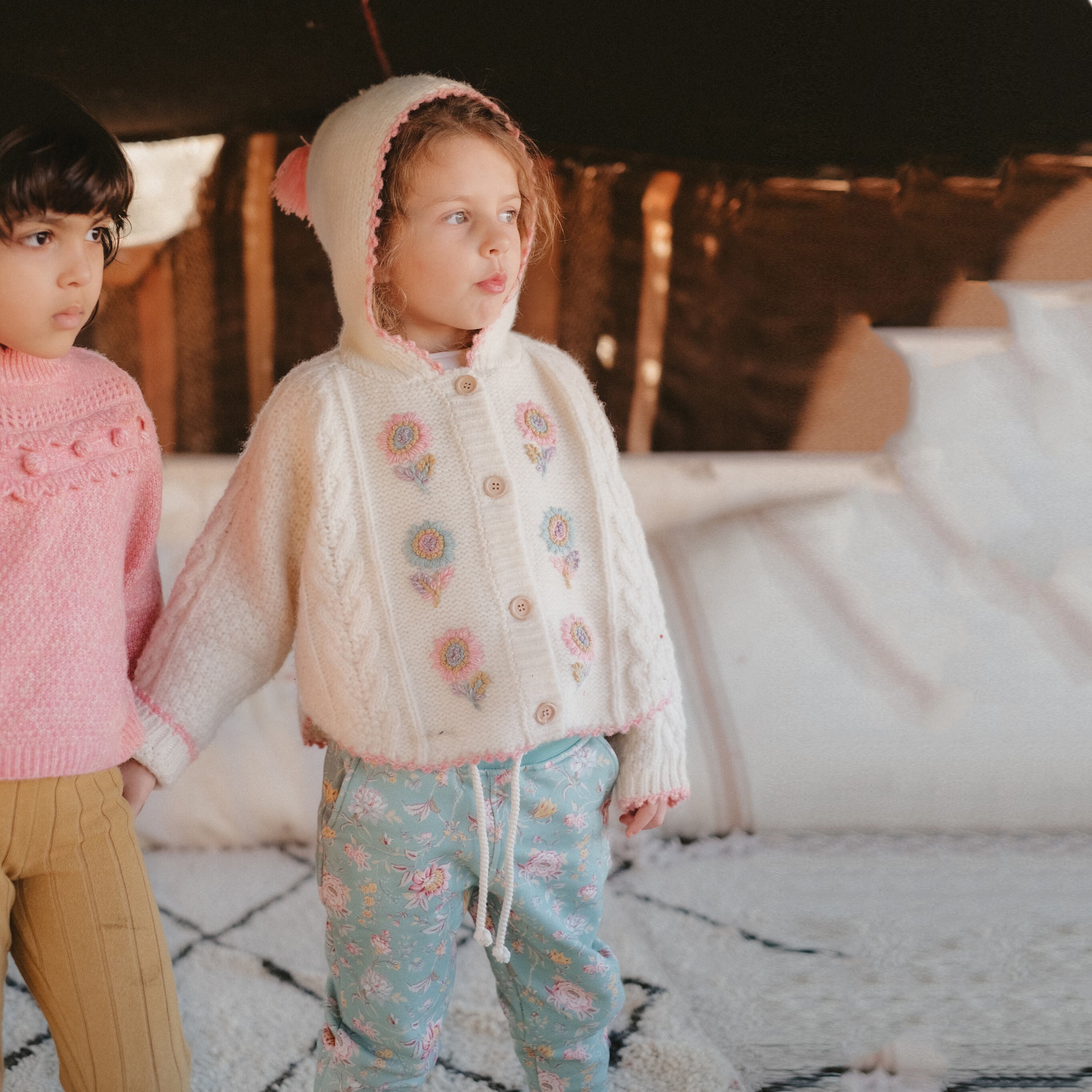 Girls White Wool Hooded Cardigan