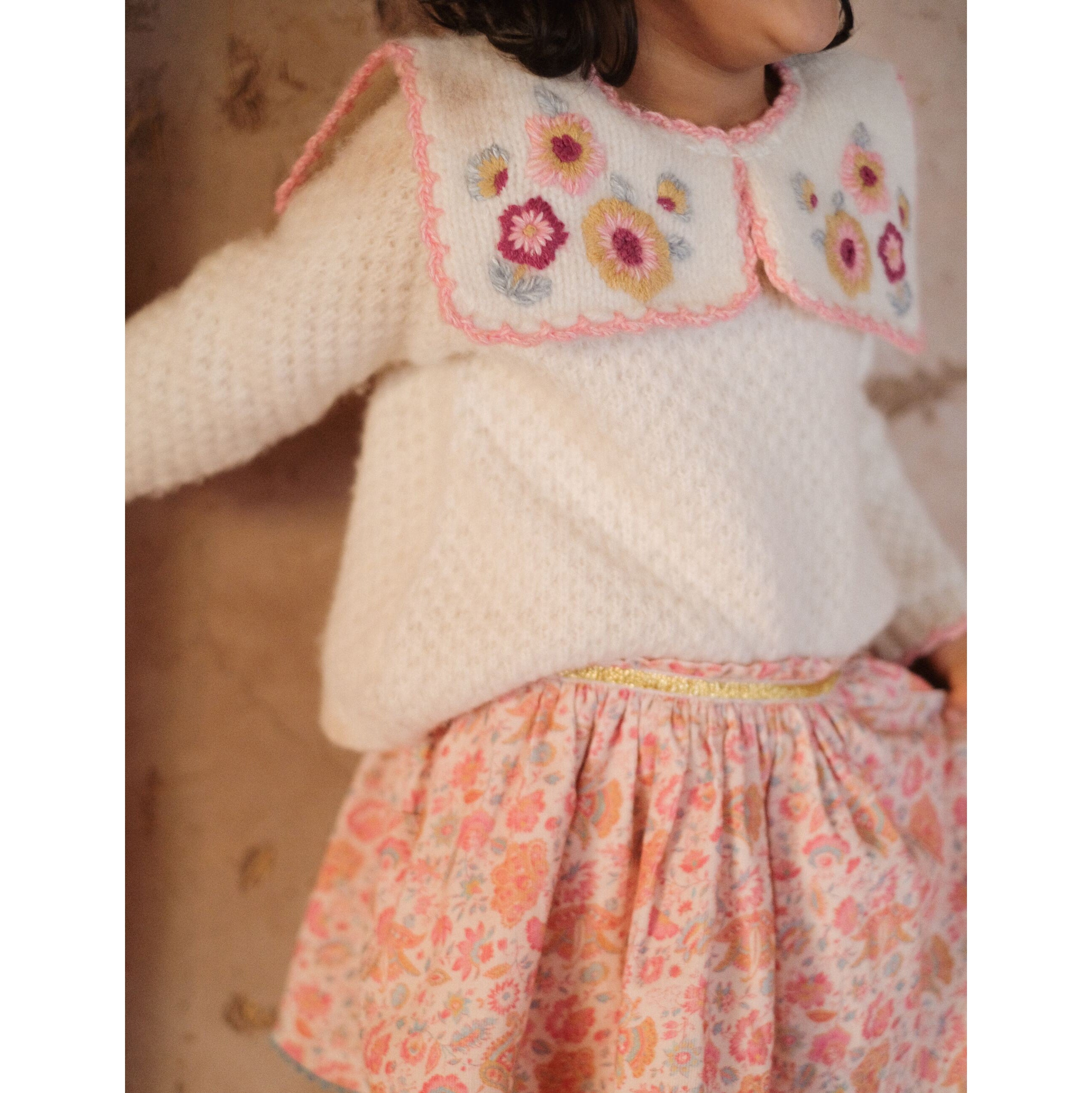 Girls White Ruffled Wool Sweater