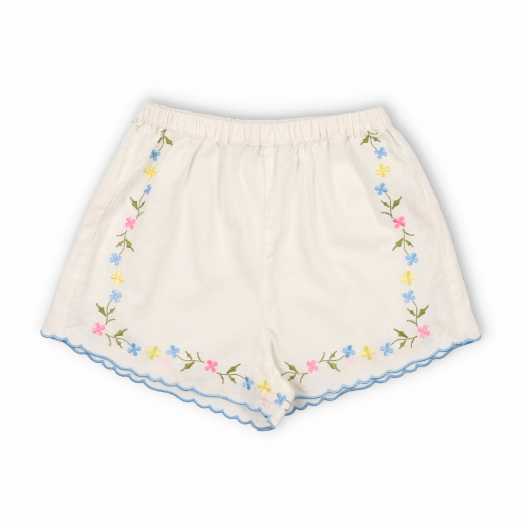 Girls White Embroidered Cotton Shorts