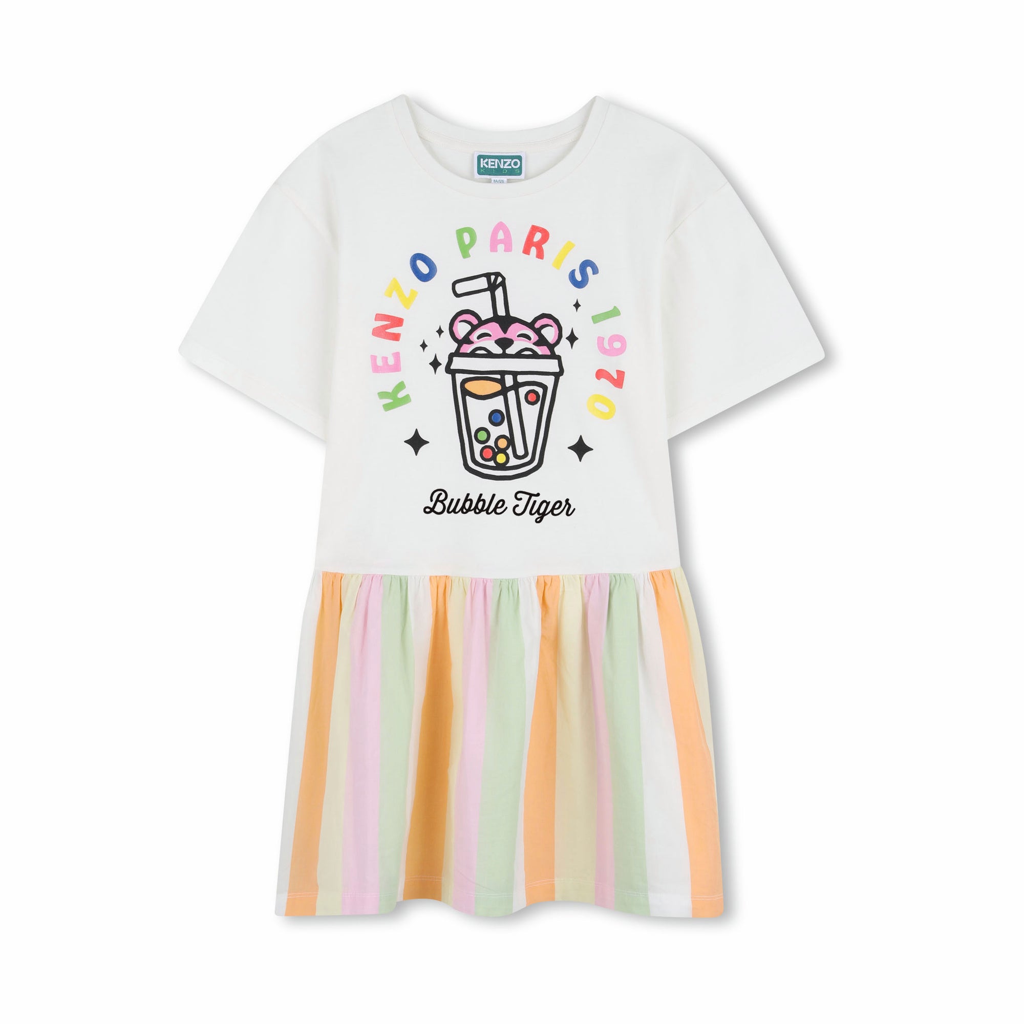 Girls White Bubble Tiger Printed Cotton Dress
