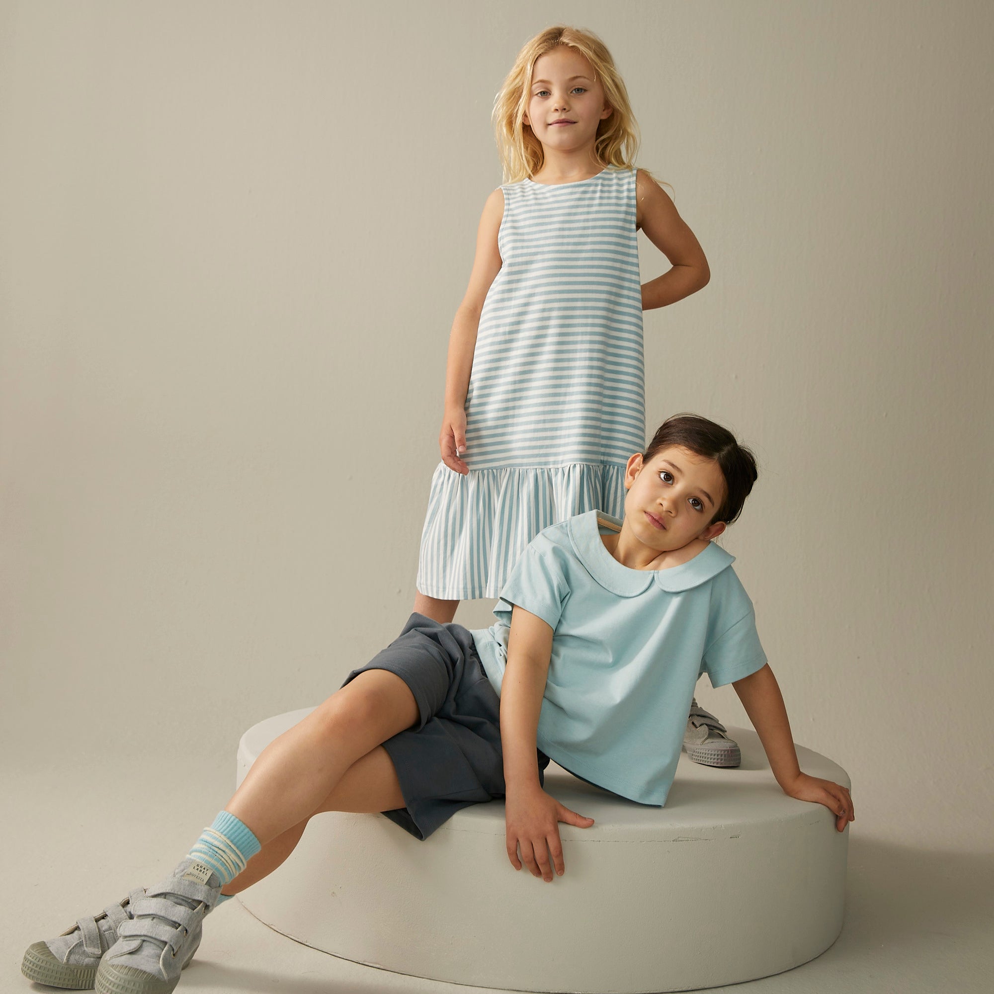 Girls Sky Blue Stripes Cotton Dress