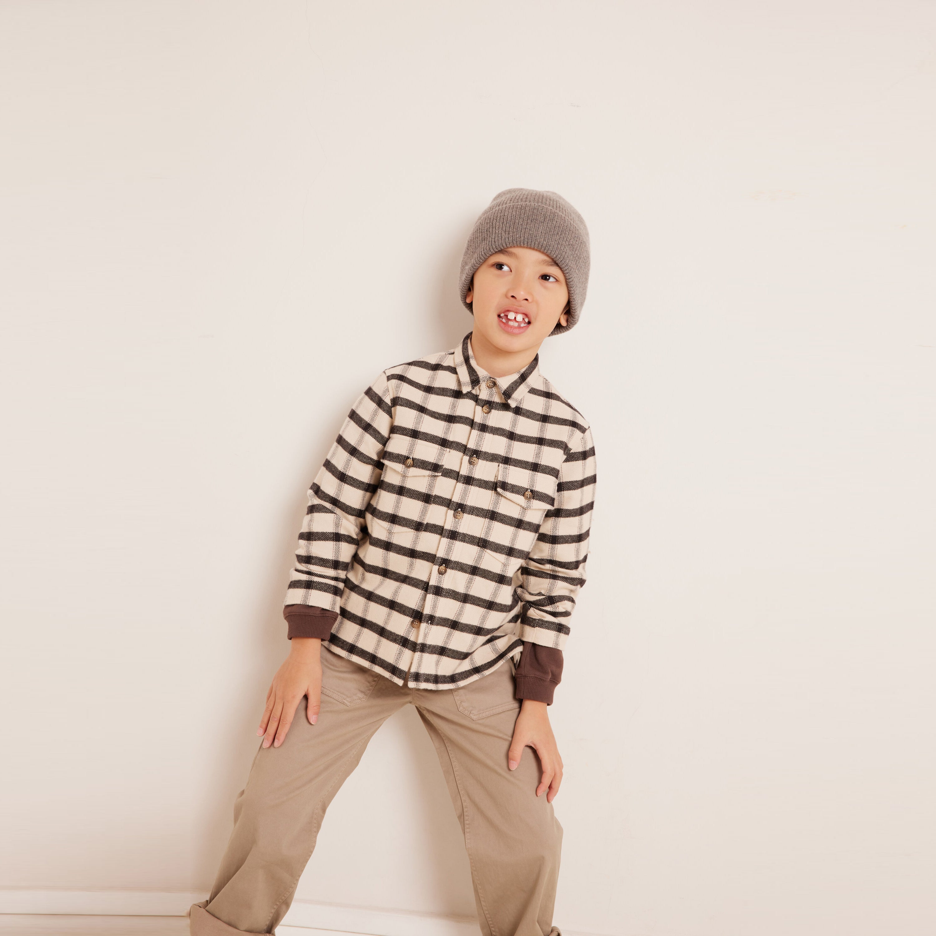 Boys Beige Check Cotton Shirt