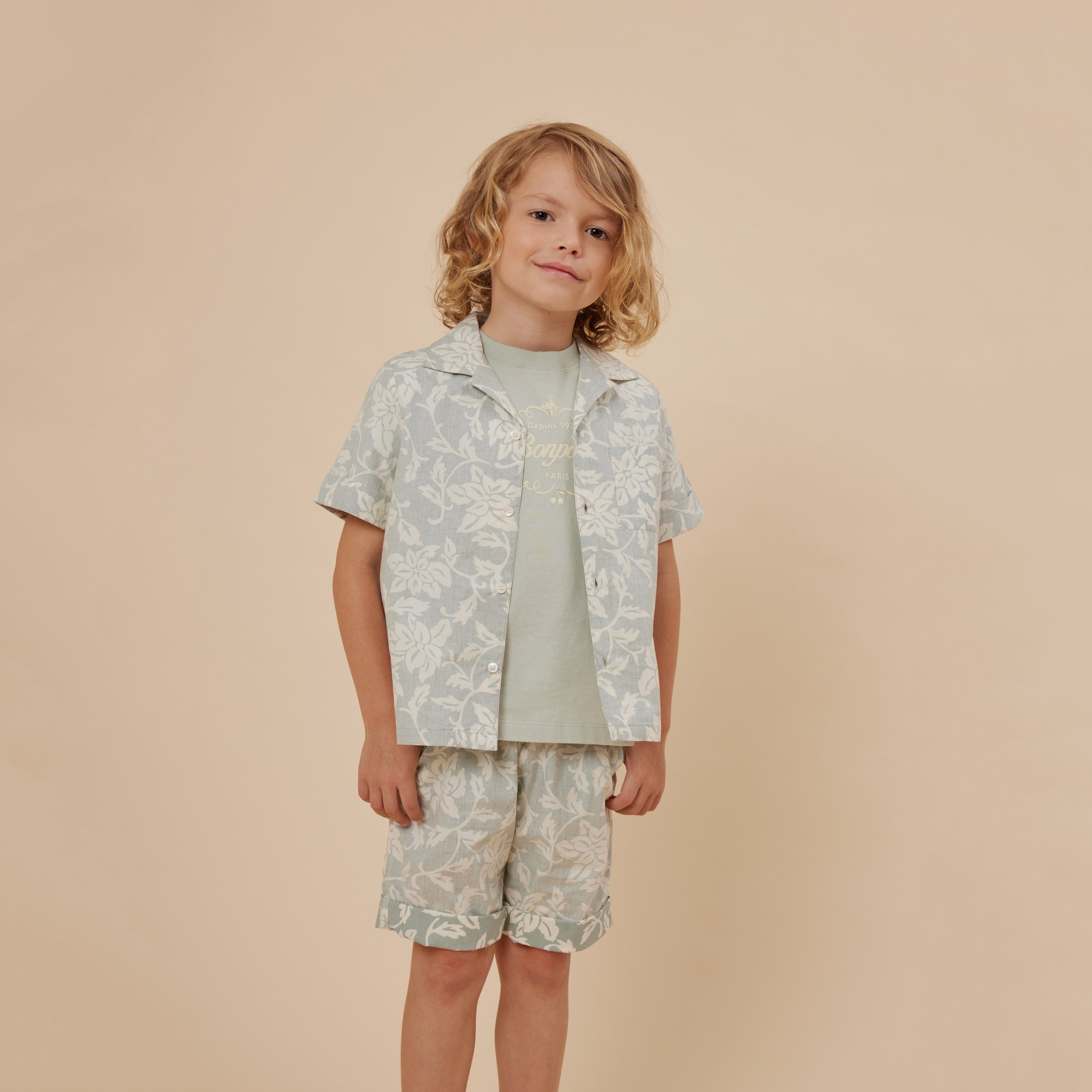 Boys Grey Green Printed Cotton Shirt