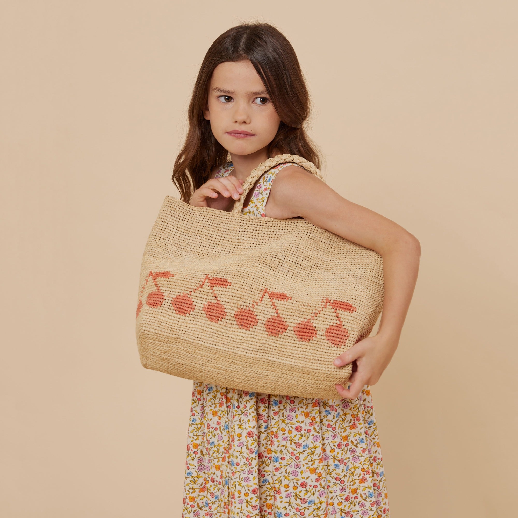 Girls Beige Logo Raphia Handbag