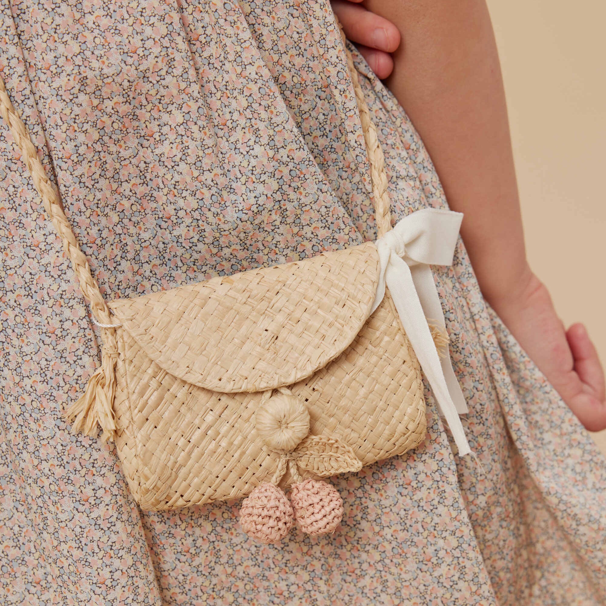 Girls Beige Raphia Shoulder Bag