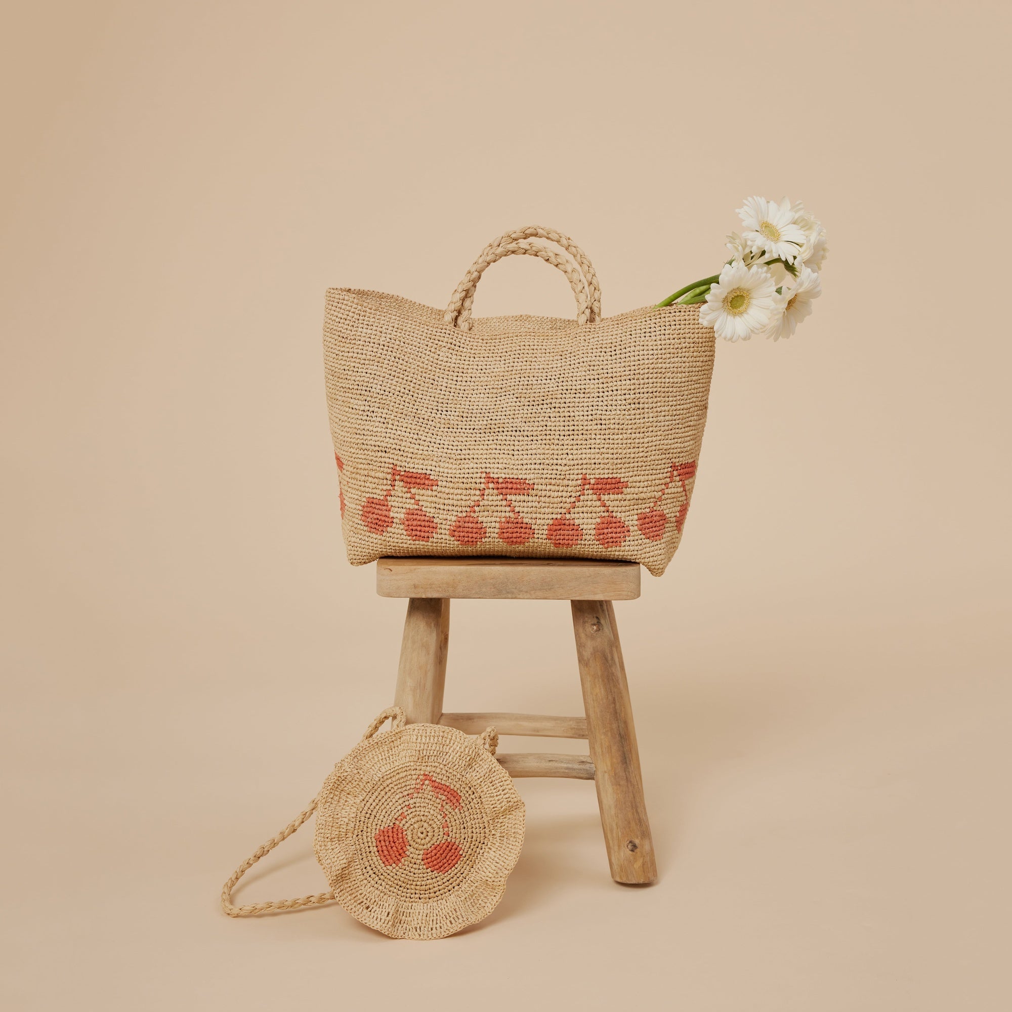Girls Beige Logo Raphia Handbag