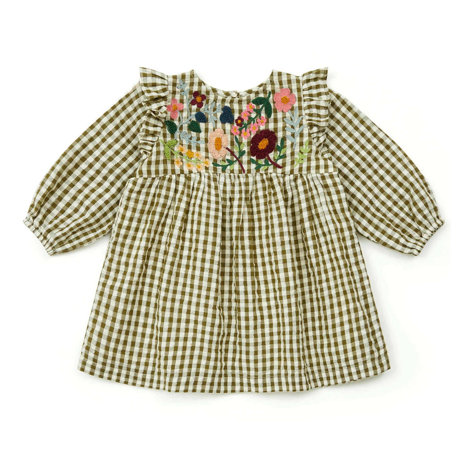 Baby Girls Green Check Embroidered Cotton Dress
