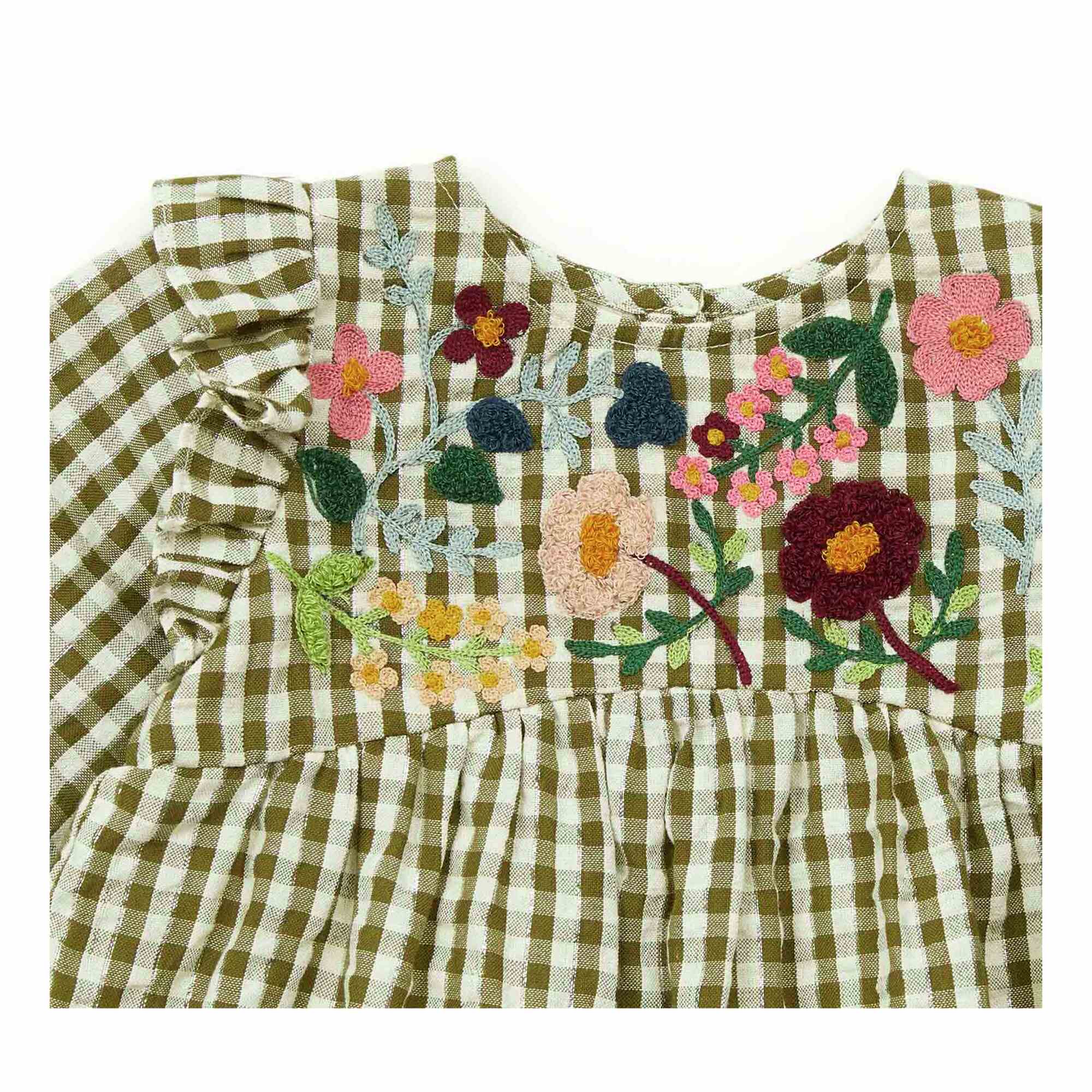 Baby Girls Green Check Embroidered Cotton Dress