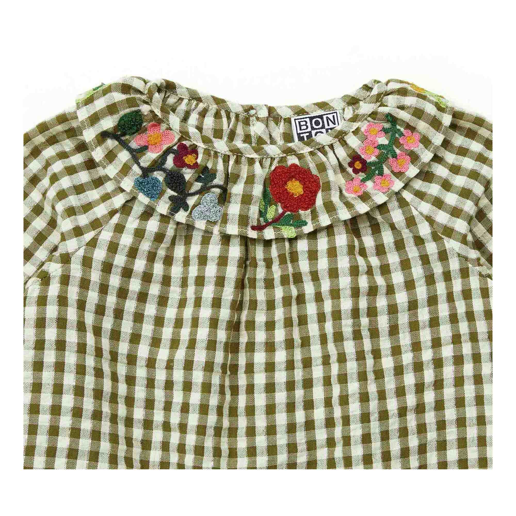 Baby Girls Green Check Embroidered Cotton Top