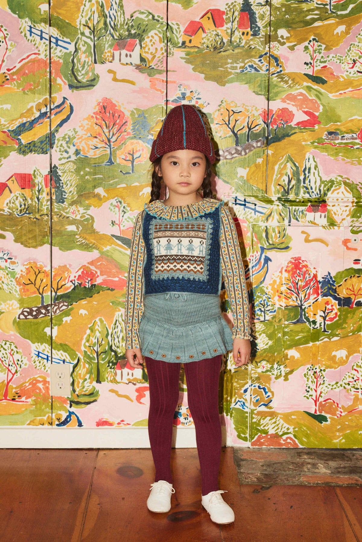 Girls Light Blue Embroidered Wool Skirt